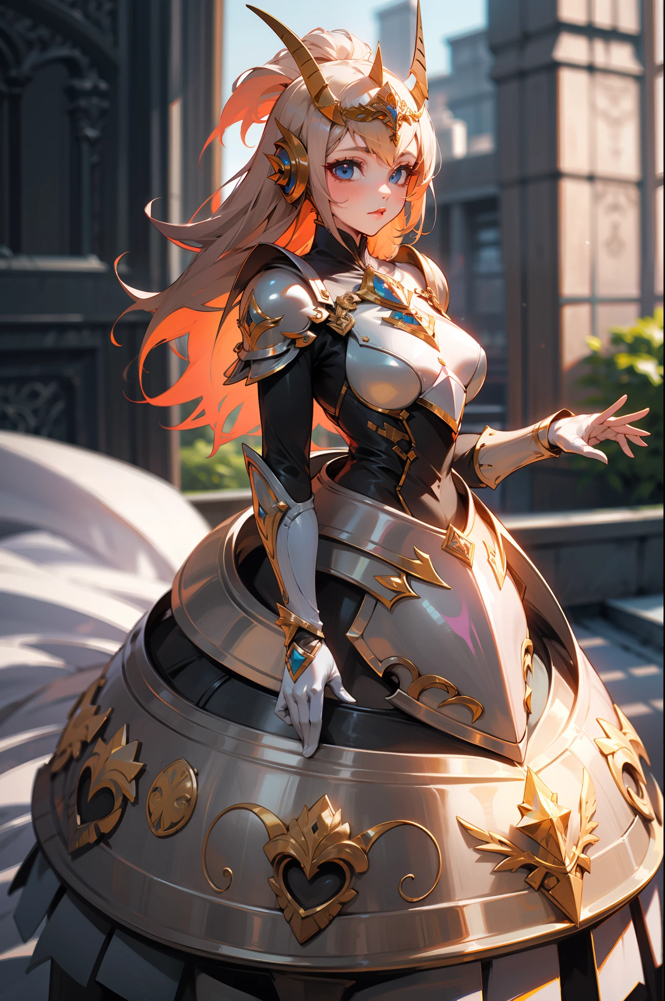 Princesa Peach usando uma armadura vestido rosa e dourada, elmo dourado fechado, coroa, masterpiece, linda