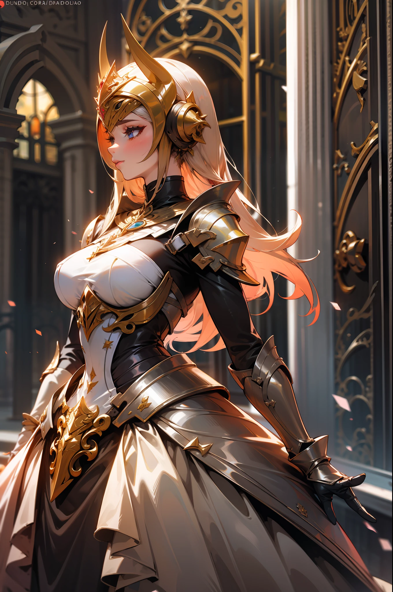 Princesa Peach usando uma armadura vestido rosa e dourada, elmo dourado fechado, coroa, masterpiece, linda