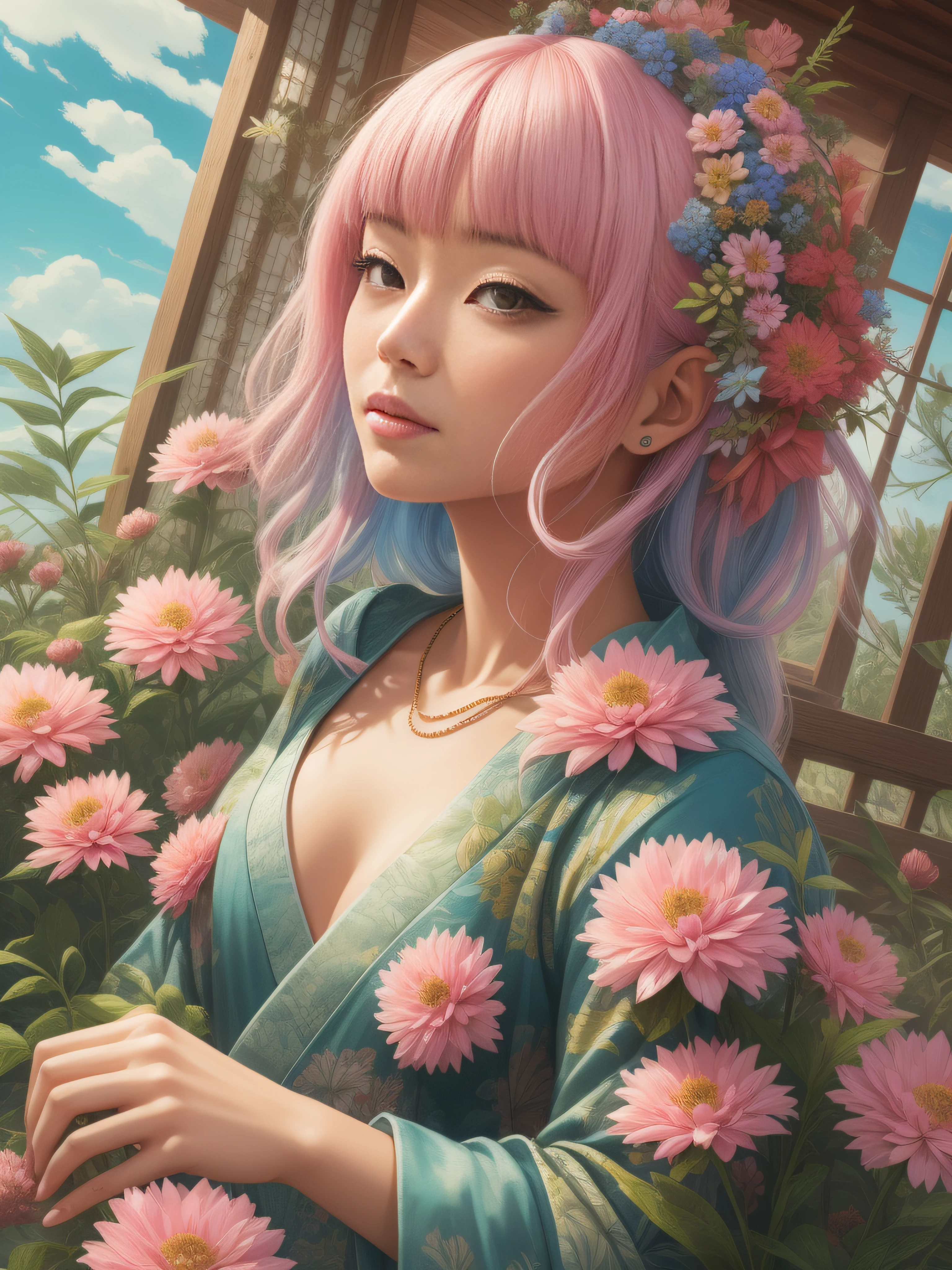 a woman, with plants around it, style of kitsch aesthetic, exotic, high-angle, pastel-colored scenes, i can't believe how beautiful this is, japanese-influenced prints, botanical abundance, naomi okubo, kris knight, flowerpunk, sky-blue and pink, jean giraud, soft pastel, organic form , ray tracing, anaglyph, pov, anatomically correct, award winning, masterpiece --ar 3:4 --style raw 50 --s 2