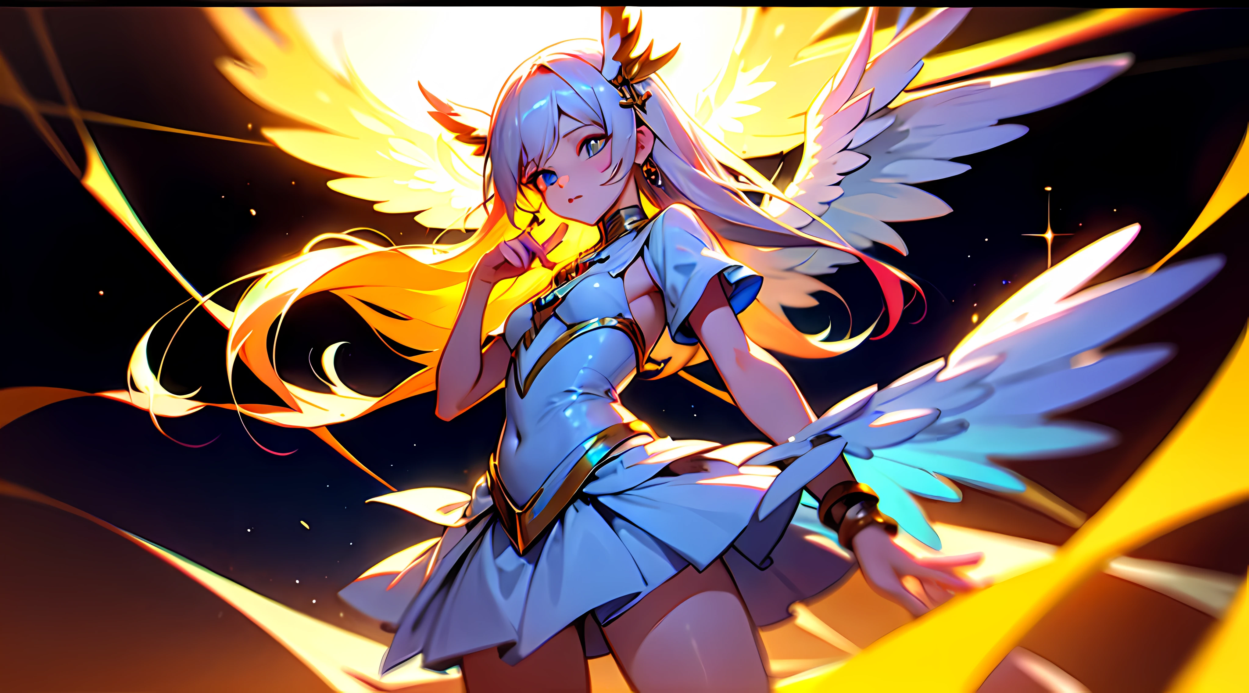 （masterpaintings：1.4），（optimal quality：1.4），（Very cute angel girl，Super detailed face，jewel like eyes，Extra-long white hair，Colorful gradient hair：1.4），（angel ring： 1.4）， （angel wing： 1.4）， （Whole human body， Perfect 2 arms， Perfect 2 legs： 1.4）， Perfect 4 fingers： 1 thumb， Light light， lustrous， Bokeh， ultra fine
