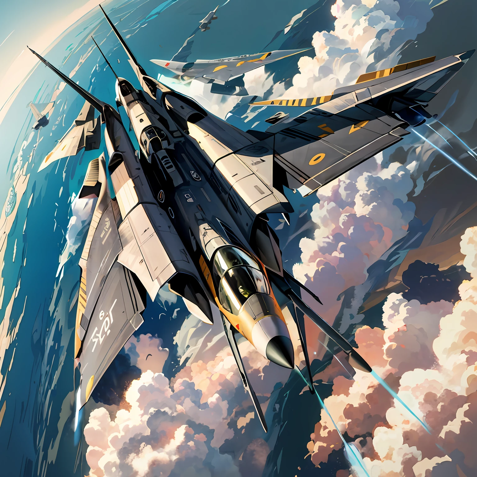 There was a jet flying through the air，Travel through time，There is a contrast between the modern and the future，Lots of smoke, valkyrie fighter jet, jet fighter background, acecombat, portrait of figther jet evading, fighter jet, 4k highly detailed digital art, dcs world style, Jet fighter, dcs world, Beautiful digital artwork, realistic aircraft, ace combat, fighter jet in flight