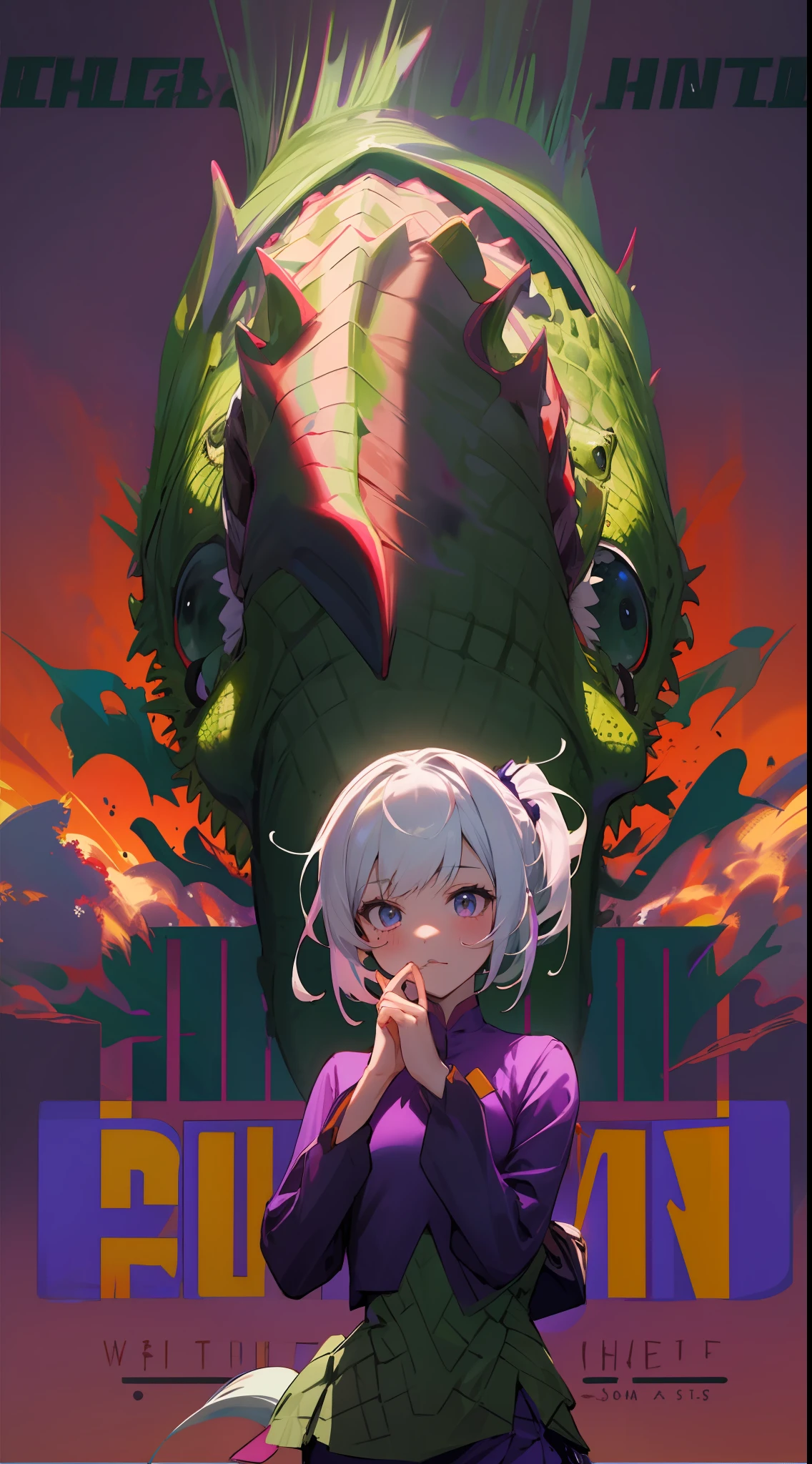 The girl is chased by a crocodile，whitehair，single horse tail，Purple clothes，A short skirt