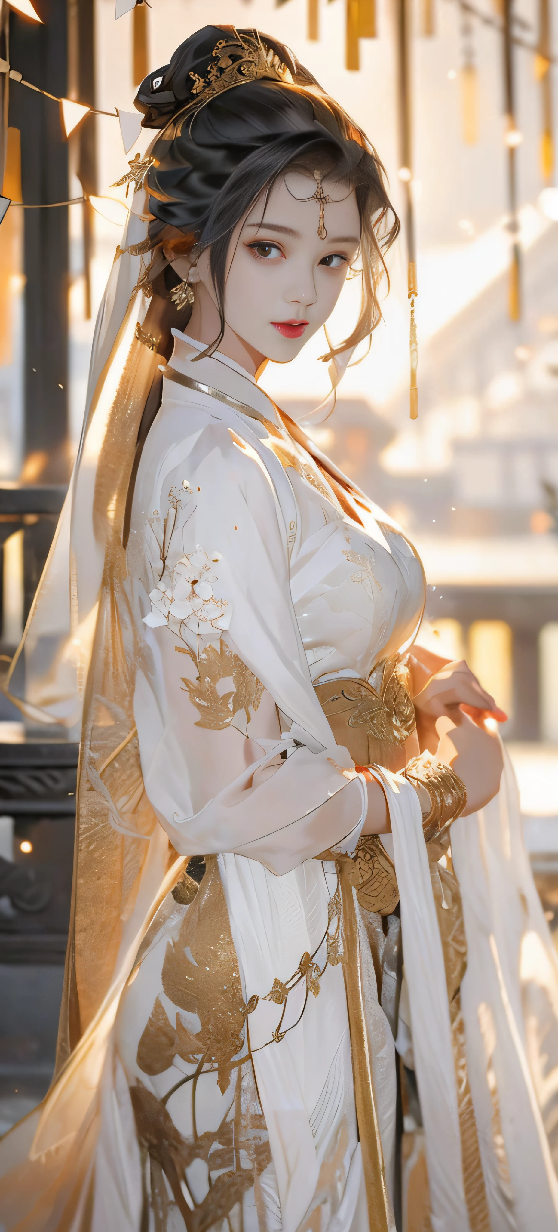 Beautiful details for girls,Very detailed eyes and face,beautiful eyes in detail,Ultra-detailded,high resolucion,Very detailed,The best quality,illustration,exquisite detailing,Best quality,Very detailed CG,8k壁紙,agirl,woods,Long black hair,ponytailhair,Gold ornaments,bangle,(White veil),Beauty of the Western Regions,With a machete,(((White clothes))),peach blossom,Lanterns,complex texture,streamers,Shoulder armor,Armour,,Skirt armor,sophisticated background,