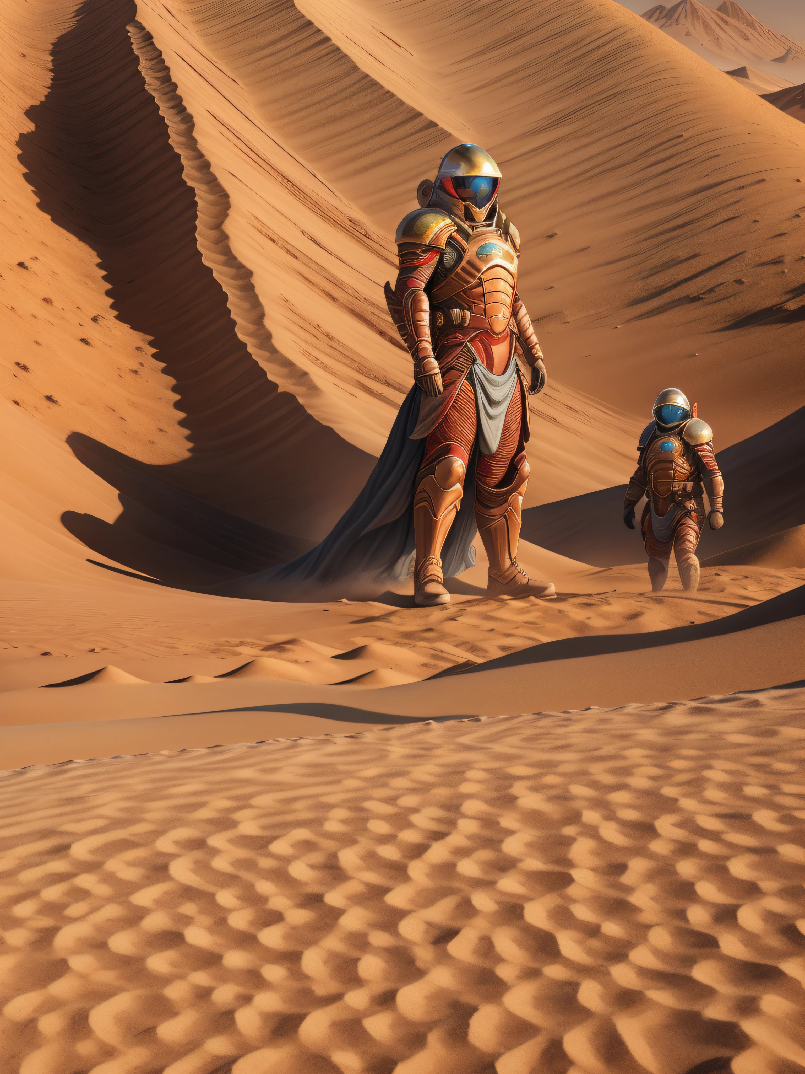A lone figure stands,sprawling dune of crimson,Martian sand under,sky dotted,Stanislaw Szukalski, Moebius, peter elson, Alex prager, --ar 4:5 --style raw, ray tracing, anaglyph, pov, anatomically correct, award winning