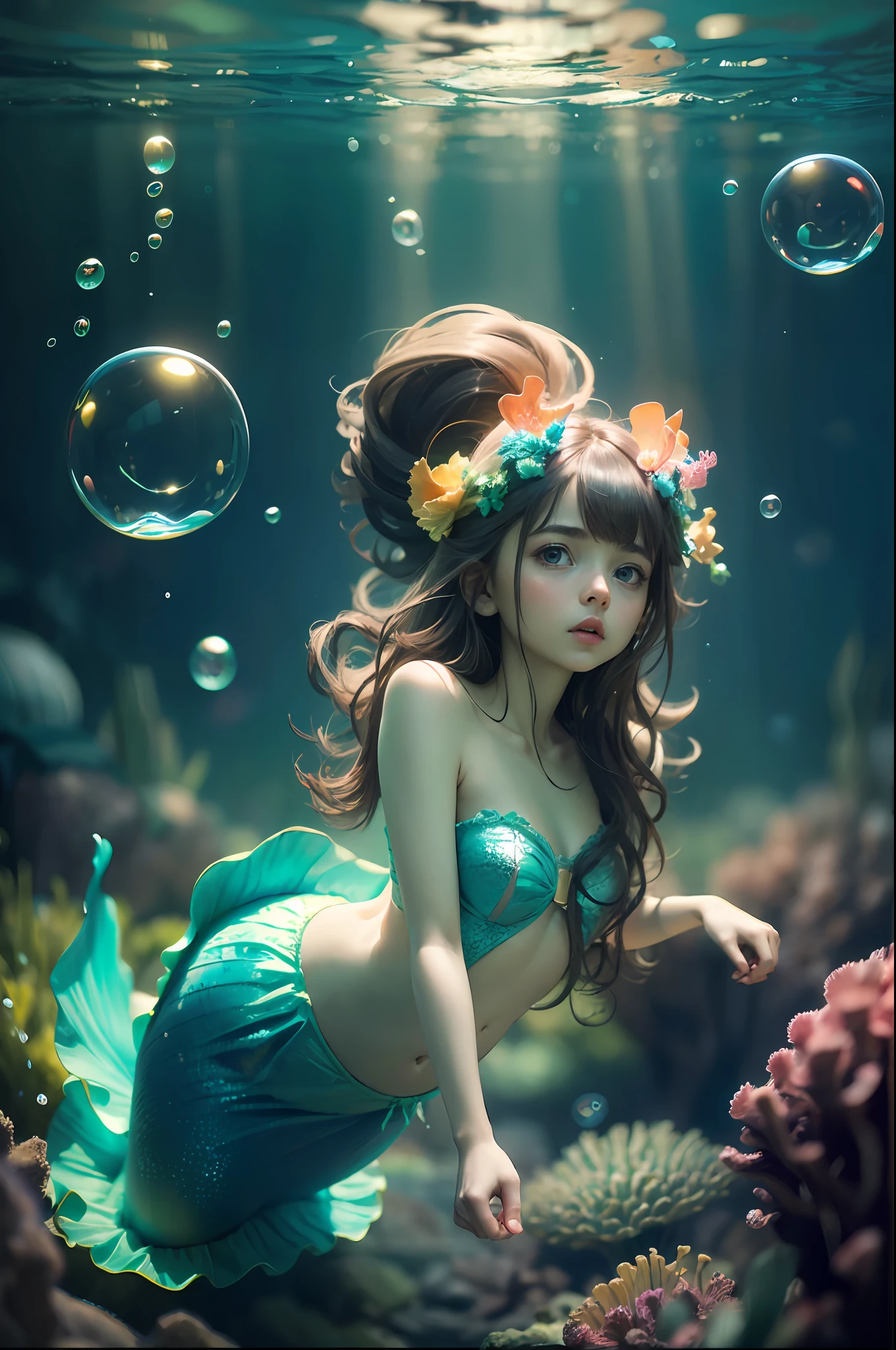 (Masterpiece, Best Quality:1.3), (8k resolution), (ultra-detailed:1.1), madgod, stop motion, horror, 1girl, baby, little mermaid, flat chest, glowing, monster, underwater, jellyfish, glowing:0.3, (details:1.2), volumetric lighting, (extremely detailed), bubble, photorealistic, highres