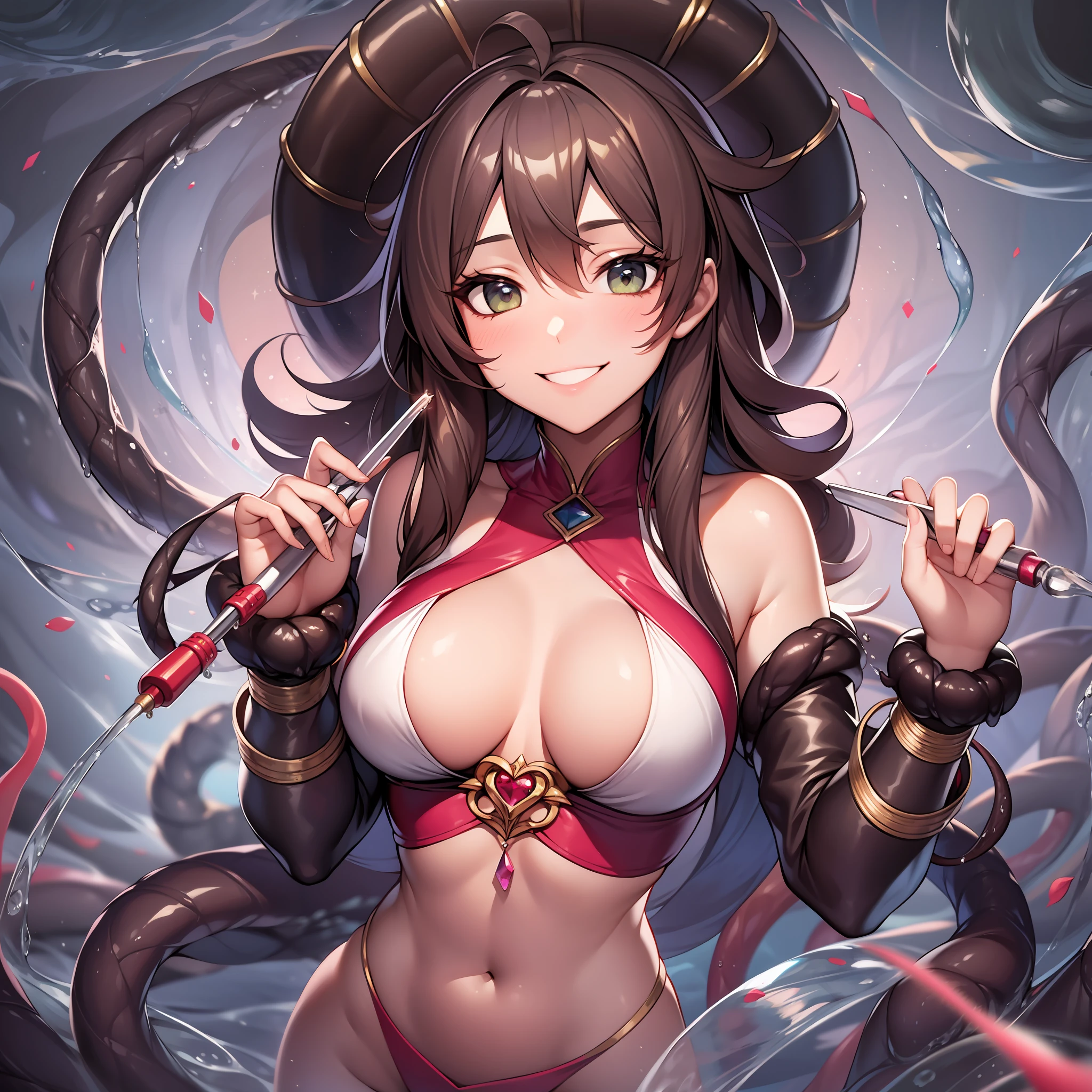 18-year-old magical girl woman manipulating hot water dripping tentacles、wicked smile、Entangled tentacles、ultra-definition、Brown-skinned、Cowgirl posture、