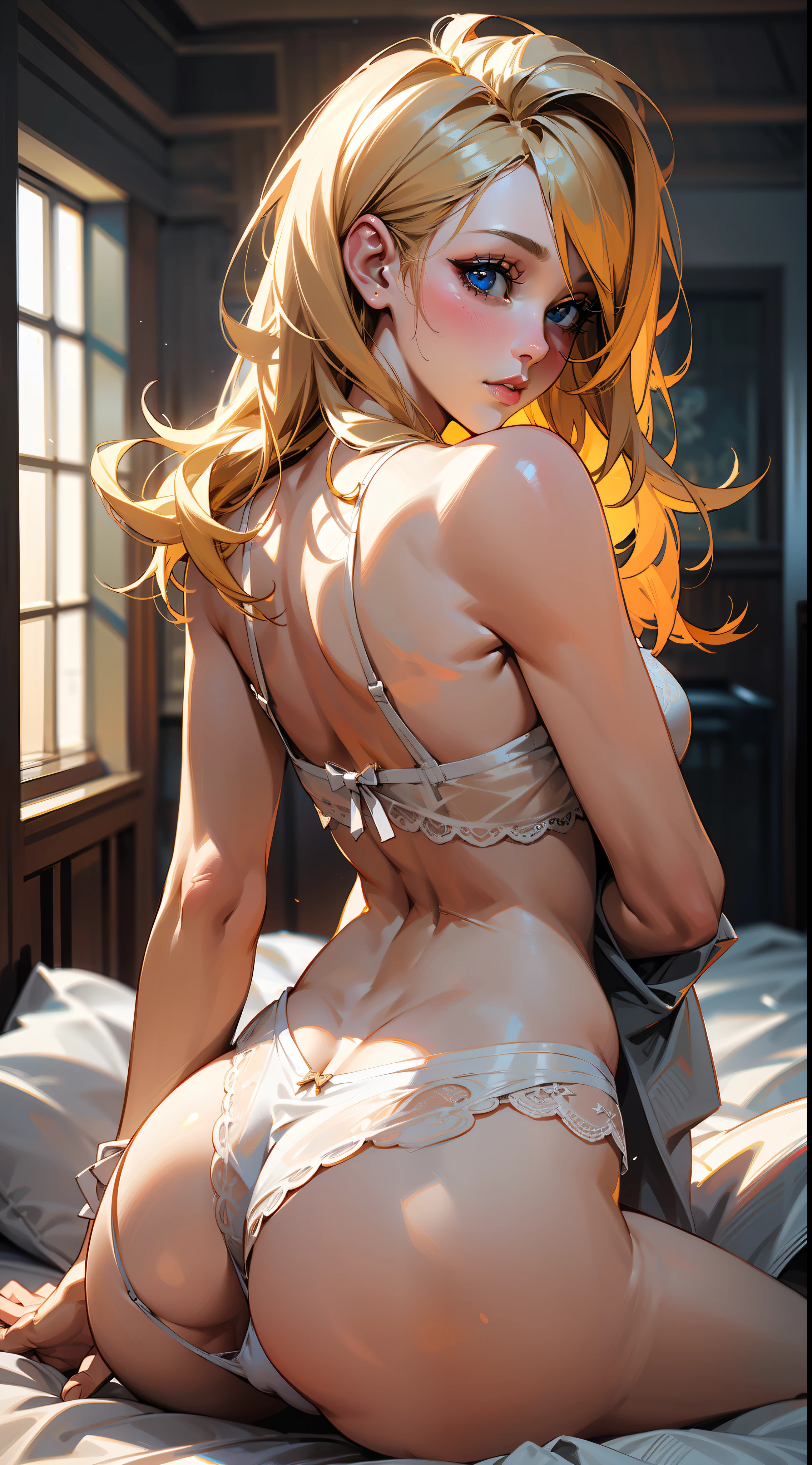 beautiful woman with blonde hair,big ass, sitting on the bed, sexy, realistic, perfect quality, realistic face, realistic eyes,vision behind the ass, white panties, sensual lingerie