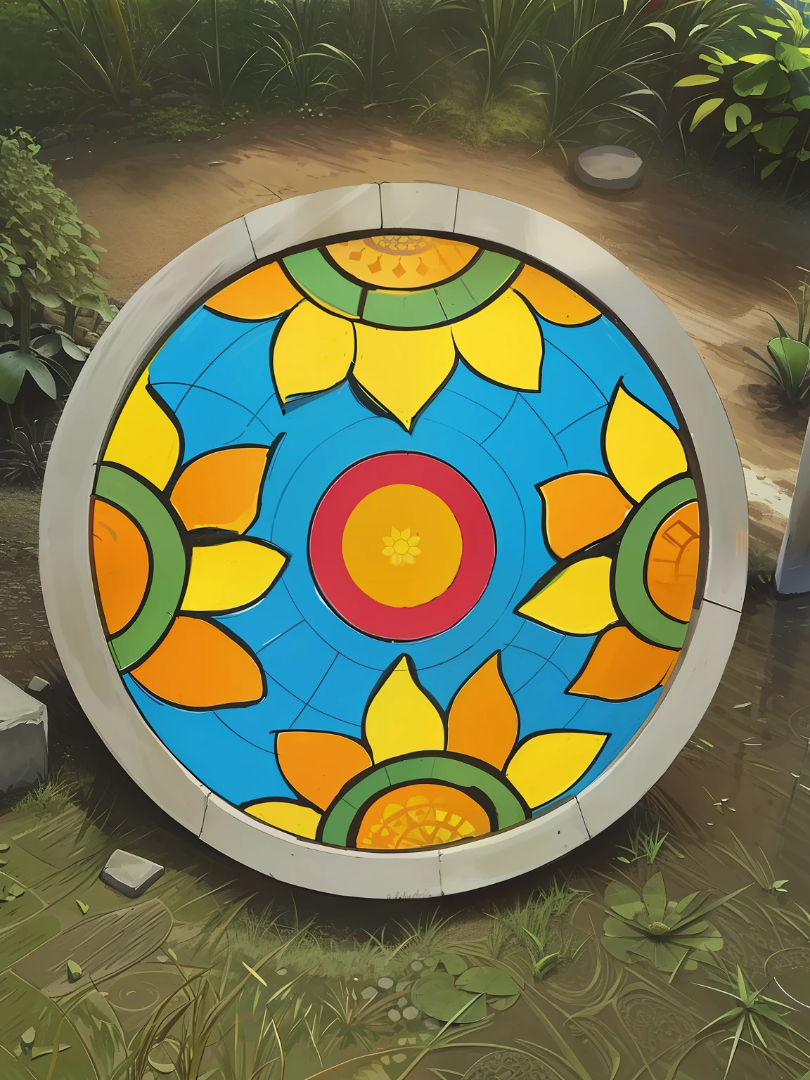 someone standing next to a painted circular object on the ground, concrete art, concrete art style, Mandala art, mandalas, Colorful mandala, circular design, circular design, wonderful masterpiece, giant lotus mandala, stone art, symmetrical design, land art, mandalas, highly artistic, a beautiful buddhist mandala, Lotus Mandala, a beautiful land art of a large, intricate ground stone