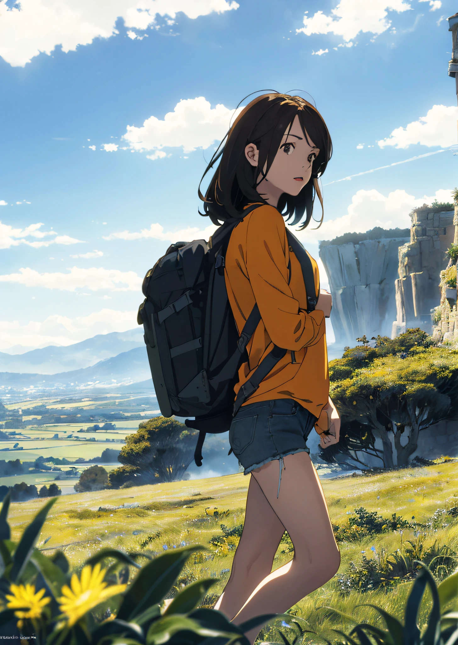 (beautiful and magnificent skyline, majestic sky), (extremely tense and dramatic pictures, moving visual effects), (high hanging Polaris, colorful natural light), (1girl), (long-sleeved top, denim shorts, carrying a backpack), (dynamic pose:1.3, black eyes, black hime-cut hair, sparkling girl)[:0.8], (large grassland), (oncoming breeze), (brown hair and background Coordination effect: 1.2), (close shot, long shot mix and match)[::0.9]