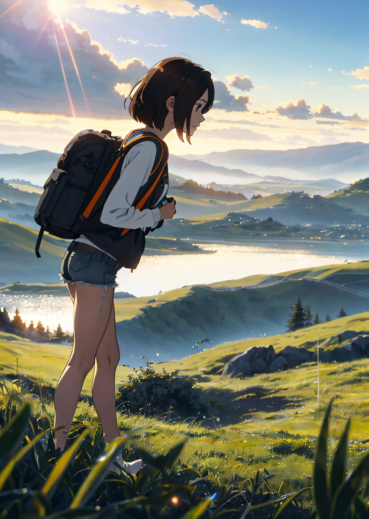 (beautiful and magnificent skyline, majestic sky), (extremely tense and dramatic pictures, moving visual effects), (high hanging Polaris, colorful natural light), (1girl), (long-sleeved top, denim shorts, carrying a backpack), (dynamic pose:1.3, black eyes, black hime-cut hair, sparkling girl)[:0.8], (large grassland), (oncoming breeze), (brown hair and background Coordination effect: 1.2), (close shot, long shot mix and match)[::0.9]