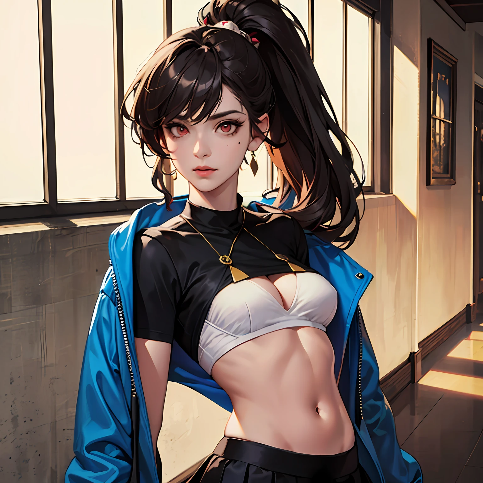 masterpaintings, beste-Quality, 1girl huge large breasts, 独奏, Complicated details, color difference), (realisic),(The skin), 1 girl Shizuku high ponytail, ((Medium breathing)),(black har,bluntbangs),Detailed hair,Red headdress,Blue highlight, Hair is more than one eye,red eyes, Small earrings, sharp sharp eyes, necklac,((Black crop top cutout)),(Symmetrical eyes),(Perfectly symmetrical body),((natural lights))), The light from the back window is backlighted,To gray walls, dimly lit by,are standing,(looking at the spectator),((Center the lens,from frontal,(Face and waist)Visible chest line Deep V realistic, high resolucion, 1 girl, Black wavy hair, small mole under eyes,Camisa blanca, Black pleated skirt, Distinct chest line, Long legs, Tightens abs,dynamicpose,Catwalk Bust line Black pleated skirt Wearing a jacket to reveal a white bra Showing belly button eyes, High ponytail, Big breasts, White eyeballs --auto
