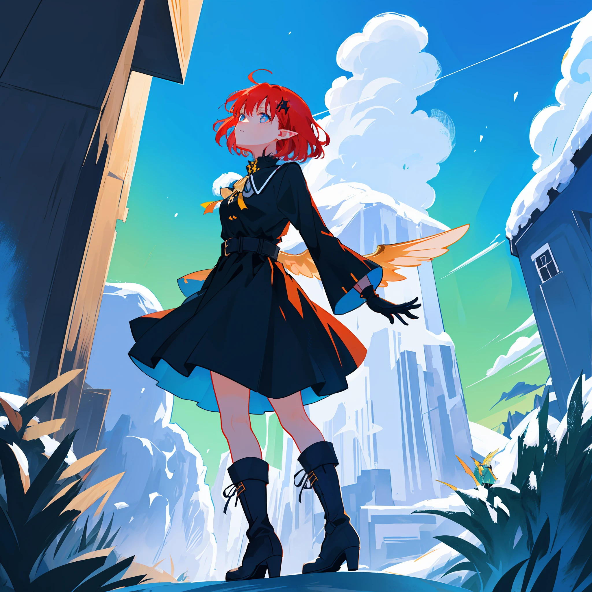 (巨作), (look_on a_tooth_sky) (looking_up), (the best quality), (Ultra-detailed), (Best Illustration), looking_up, looking at the sky, al fresco, standing, complete body, Model, 1girls, Solo, ex-pression face, (sideview), from_side, (white wing of energy), tiny_tits, large wing, wing at the back, pointy_ears, red_head, (Short_cut), black long sleeve blouse with small white ribbon on the chest, Black dress, black grunge skirt with stripes, (Medieval Knight Gothic Style metal Gauntlet Gloves), (medieval knight style metal boots), odd eyes, Blue_eyes, Yellow_eyes, (アニメ), best_vaginal, detailed_backgrounds, milk galaxy, dark sky, snowing, storm, mountains, (sombre), (red_head), medium_head, black_head, wind_effect, Short_cut