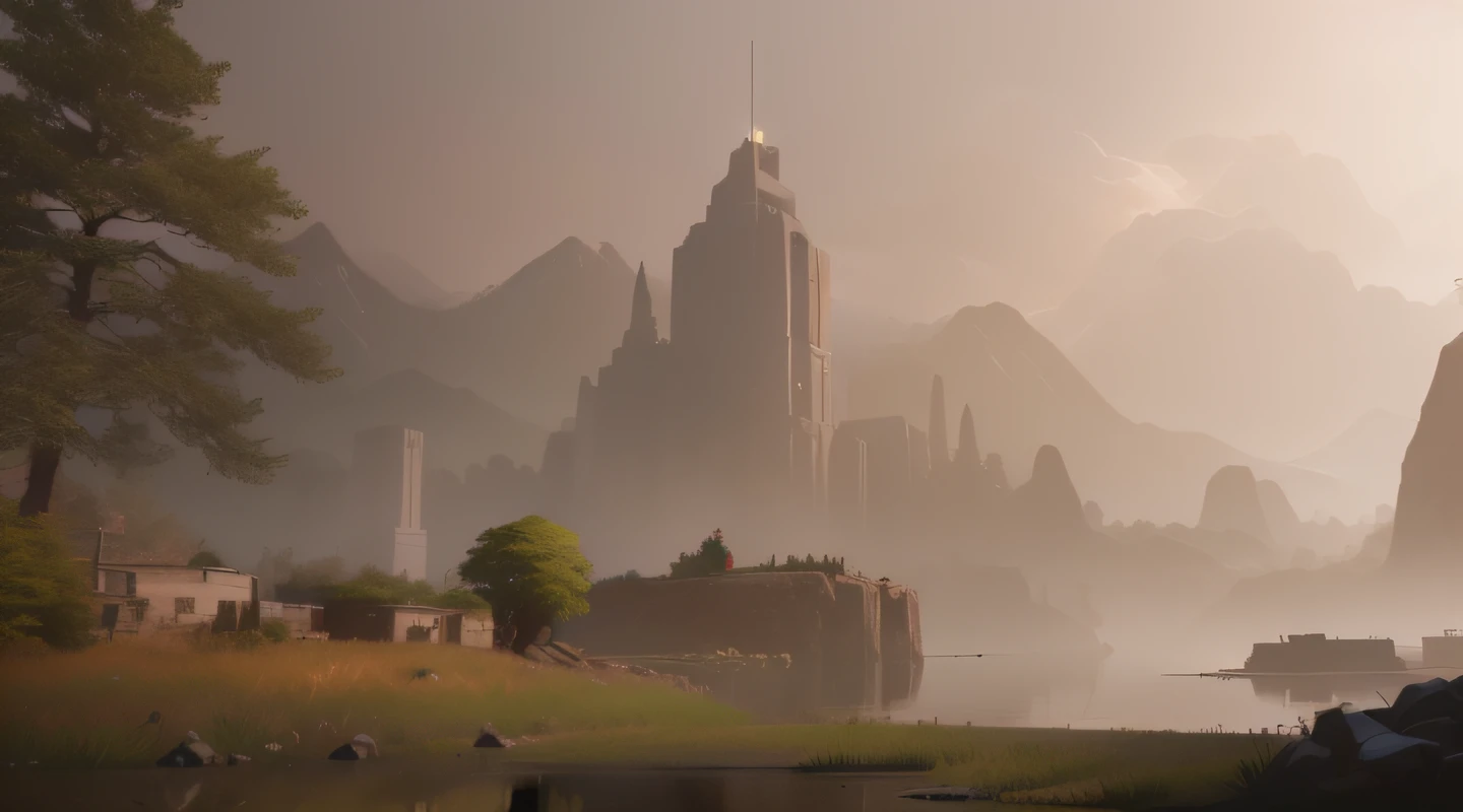 a screenshot of a landscape with , in game style 8k, realism in style of call of duty game, screenshot from fortnite, epic games, upscaled to high resolution, stylised storm, epic background, art style, , detailed lake in background, simple stylized, 16k upscaled image, heavily stylized