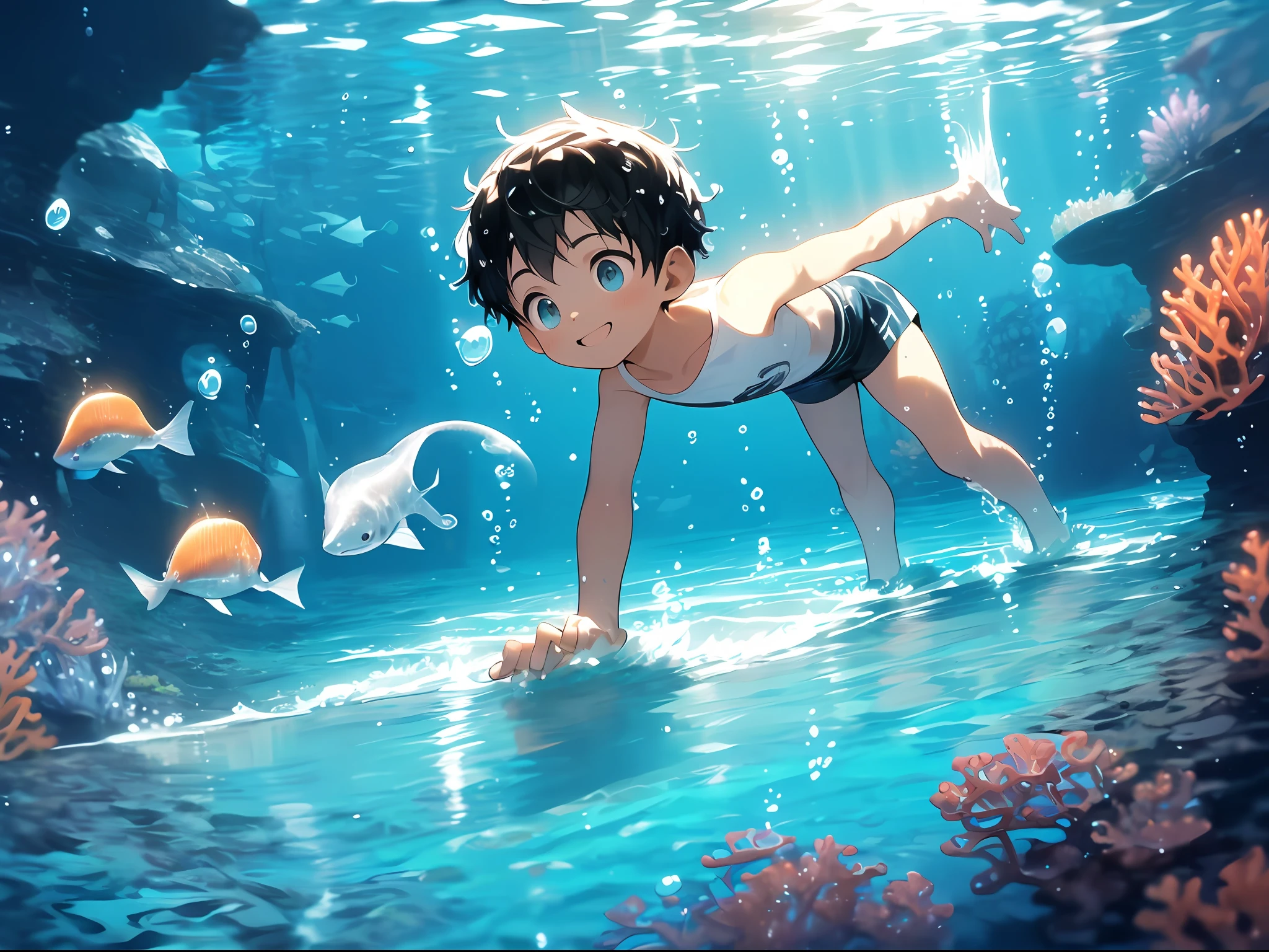 Shota，black color hair，ddlers，Blue eyes， Q version， lovly， to stand， Master masterpieces， high resolucion，8K，detailedbackground，hightquality，Libido boy，独奏，swimshorts，Happy expression，，close-ups，erectile nipple，deep ocean,((((At the bottom of the sea， In the sea， playing in water， swimmning， dive，afloat))))， 独奏，fishes