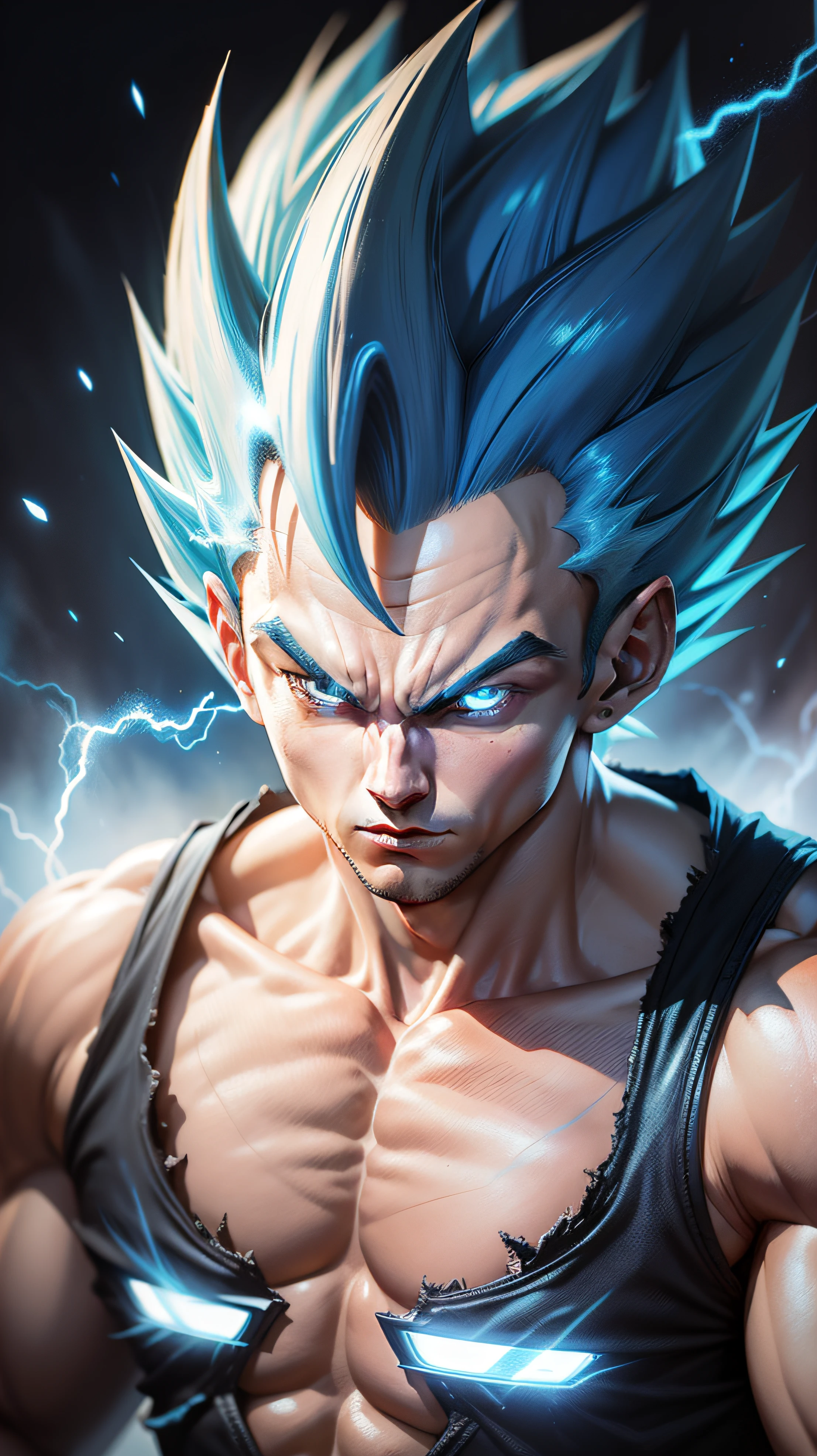 Super Sayajin Vegeta , imagem em 3d , perfect lighting , ( olhos verdes sem deformidades ) , Scenario with destruction , olhar focado , imagem realista , melhor qualidade