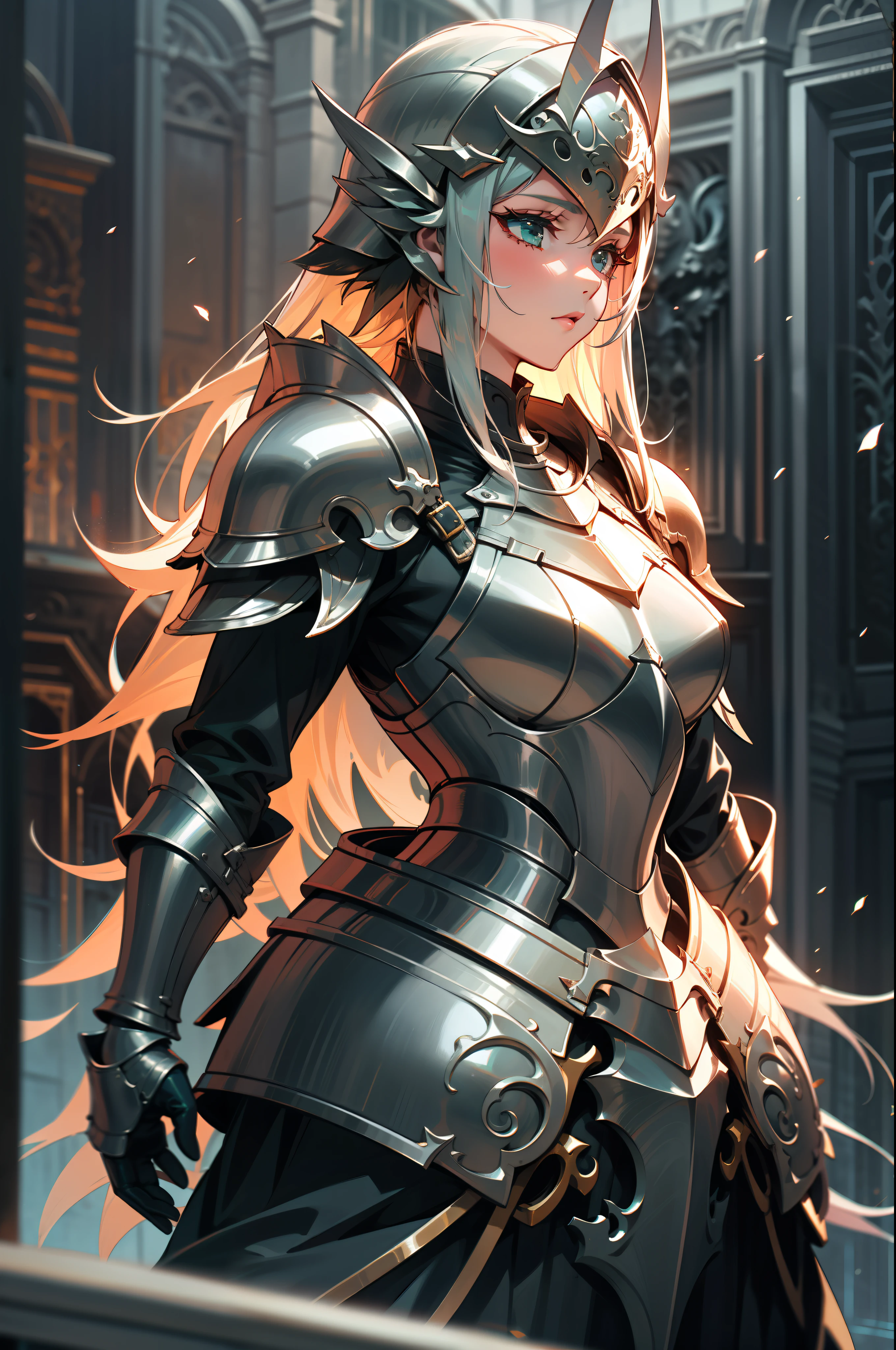 a woman medieval knight, wearing a black and teal dress armor, full silver helmet, masterpiece, beautiful