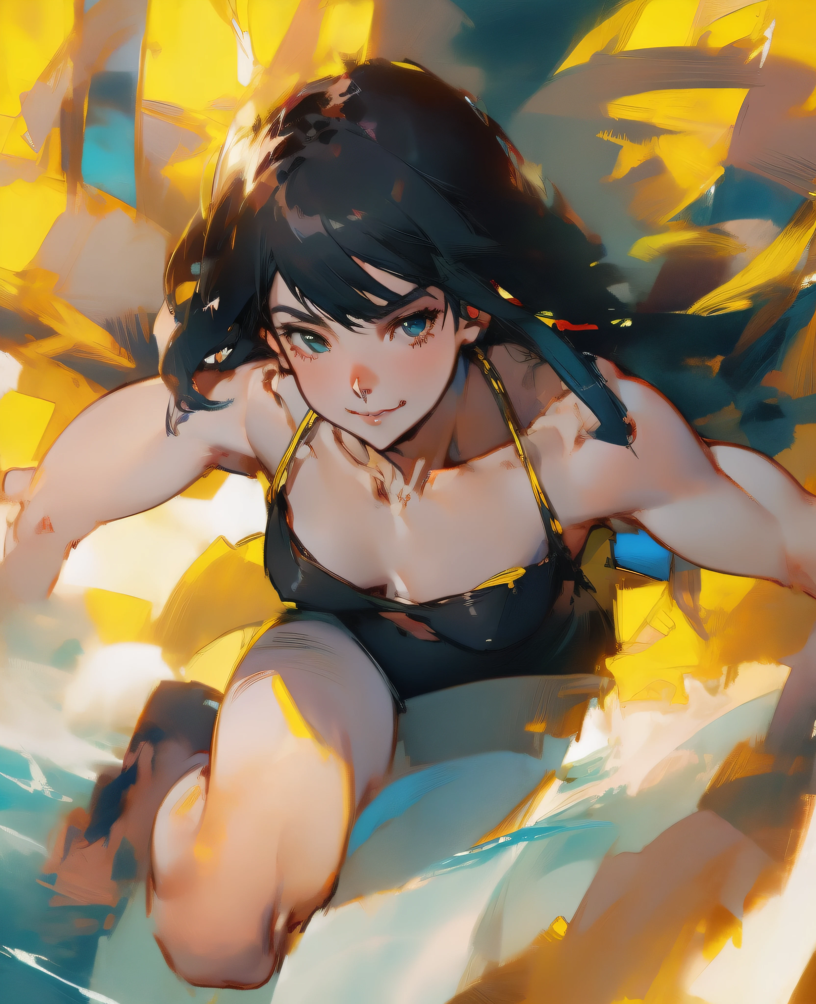 anime girl in a yellow and black outfit riding a surfboard， expressing joy. by Krenz Cushart, Official artwork, trending on artstation pixiv, Artgerm and Atey Ghailan, by Yang J, by Krenz Cushart, official anime work, style of anime4 K, cushart kenz，A woman，（Whole human body:1.2）swoop，Smile with，A soothing expression，pphotorealistic，（masterpaintings，top Quority，optimal quality，offcial art），Heavily detailed，Colorful，Most detailed，length hair，black color hair，seas，necklac，sandbeach，chest muscle，Abs，Surfing，Top view angle，D cups，Muscle lines are pronounced，Muscle contouring