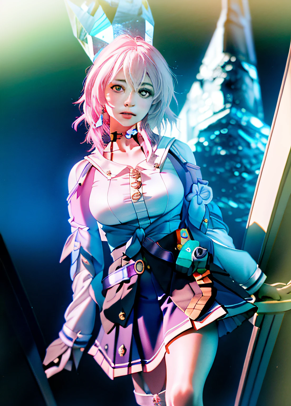 masterpiece, (photorealistic:1.4), best quality, beautiful lighting, 
march 7th \(honkai: star rail\), 1girl, blue eyes, blue skirt, breasts, detached sleeves, earrings, ice, jewelry, long sleeves, medium breasts, medium hair, pink hair, shirt, skirt, solo, star \(symbol\), star earrings, white shirt, 
RAW photo, 8k uhd, film grain