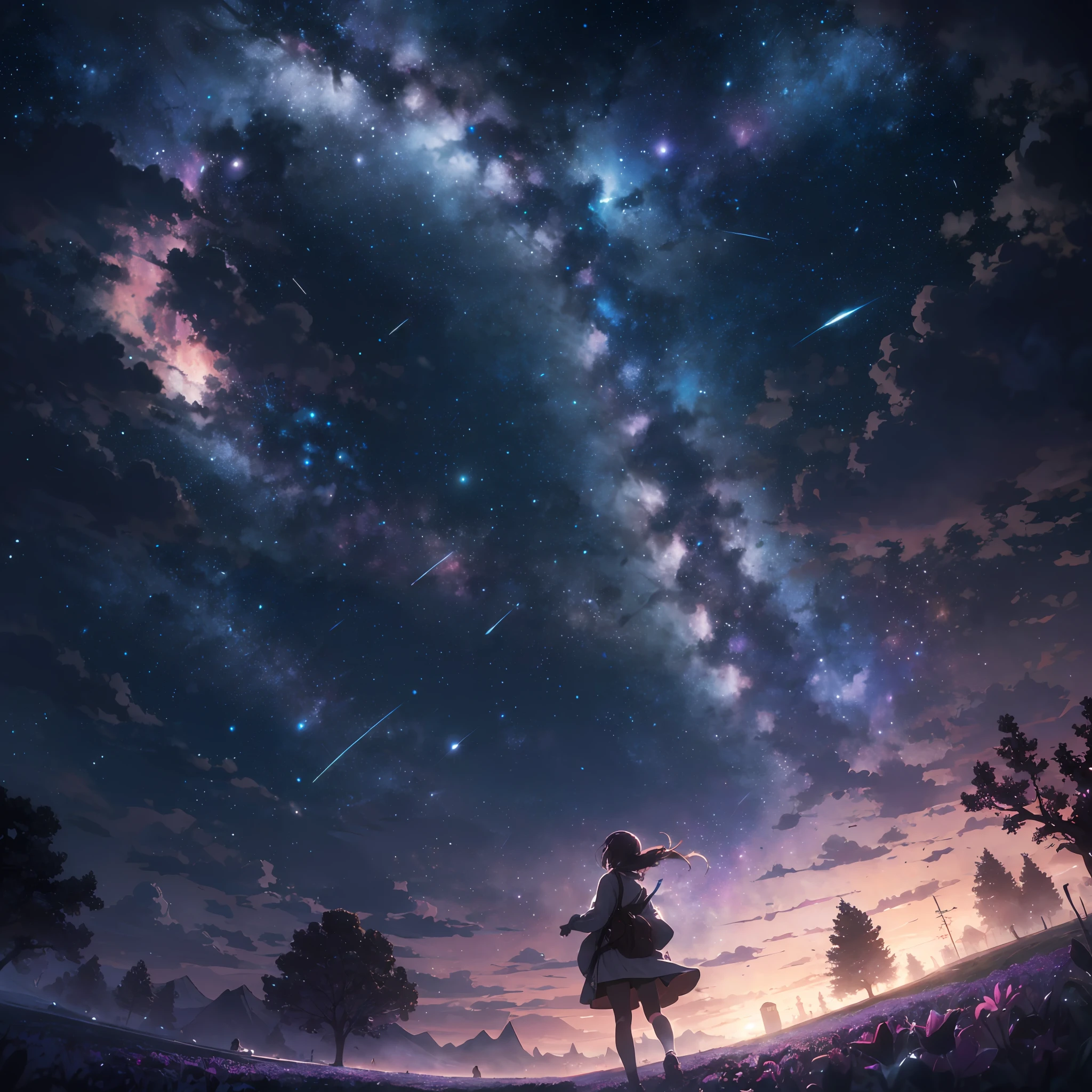 expansive landscape photograph , (a view from below that shows sky above and open field below), a girl standing on flower field looking up, (full moon:1.2), ( shooting stars:0.9), (nebula:1.3), distant mountain, tree BREAK
production art, (warm light source:1.2), (Firefly:1.2), lamp, lot of purple and orange, intricate details, volumetric lighting BREAK
(masterpiece:1.2), (best quality), 4k, ultra-detailed, (dynamic composition:1.4), highly detailed, colorful details,( iridescent colors:1.2), (glowing lighting, atmospheric lighting), dreamy, magical, (solo:1.2)