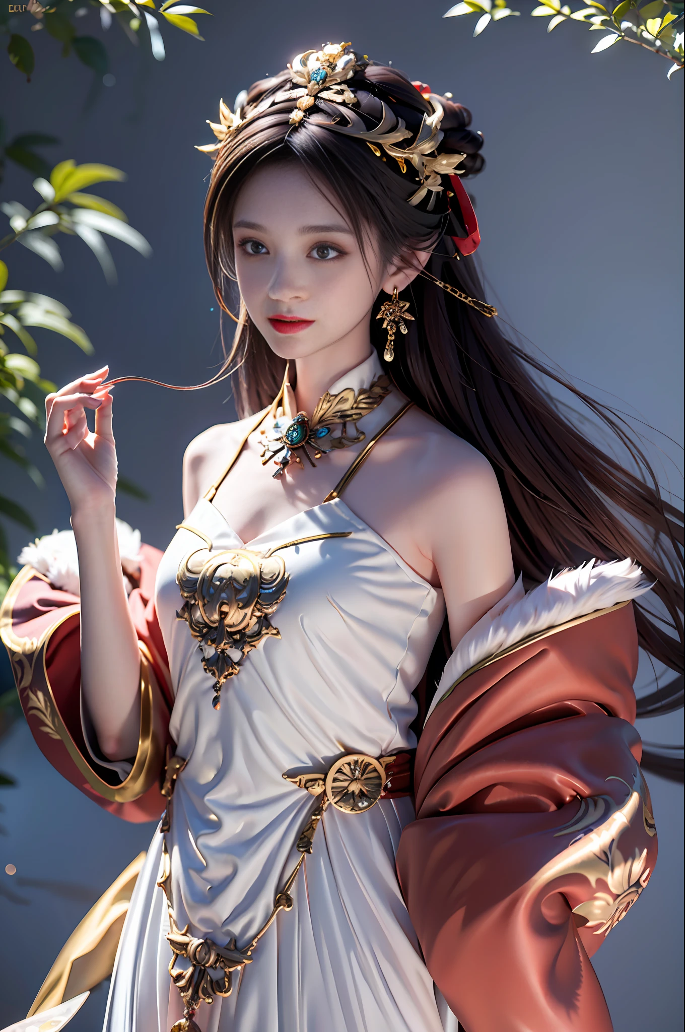 Masterpiece, Superb Style, Hanfukozue, 1Girl, (Gorgeous Headdress, Golden Sparkling Headdress) Tiger, Brush, Long Hair, Double, Bun, Brush, Brush, Hanfu, Bangs, Solo, Year of the Tiger, Black Hair, White Tiger, Jewelry, Long Sleeves, Holding a Folding Fan, Bow, Necklace, Hair Accessories, Wide Sleeves, Red Bow, Blunt Bangs, Fur Trim, Closed-Mouth, Ribbon, Dress, Shawl, Tassel, Animal Print, Red Ribbon, Animal, Extra Long Hair, Hands Up, Ink, Bow Tie, Coat, Headband, Zodiac, rolling, looking at the audience, hair flower, side hair, earrings, brown hair, flower, blush, cyan dress