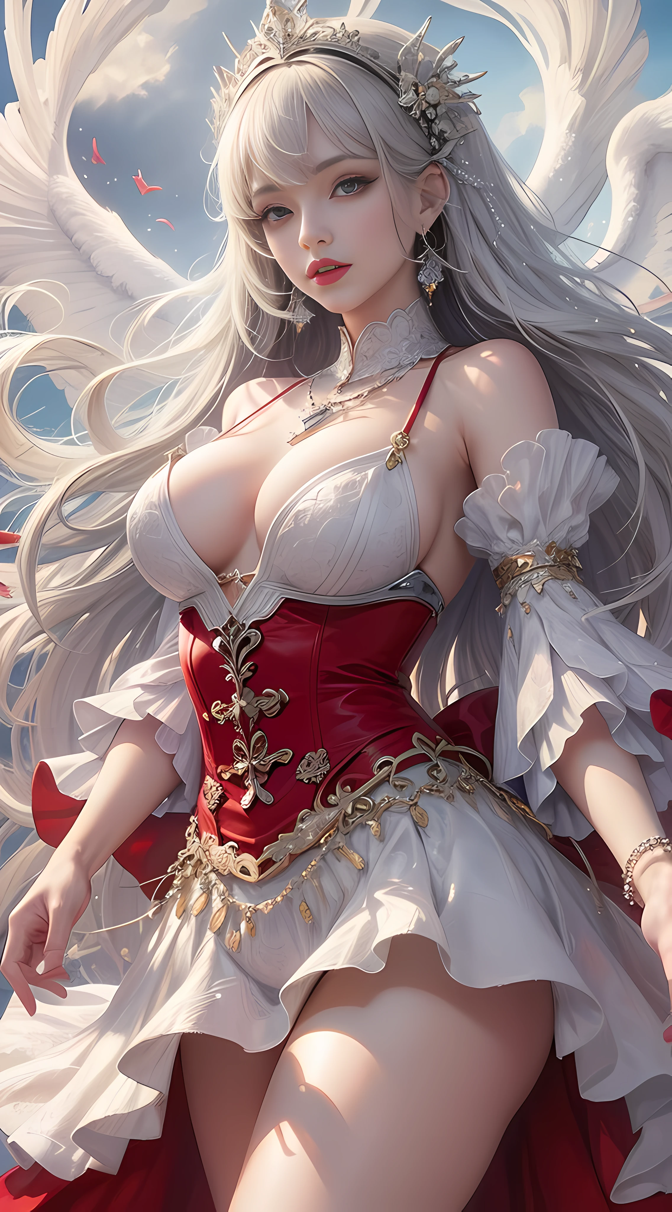 Ultra high quality,8K,Girls do not show their breasts,Lace top,High cold wind,red lip,The head proportions are perfect,silverlong hair,Princess dress red and white color scheme,Swan neck,and the sun is shining,necklace of diamonds,Get it all together,The color of the clothing is bright, High saturation,High detail depiction,wings