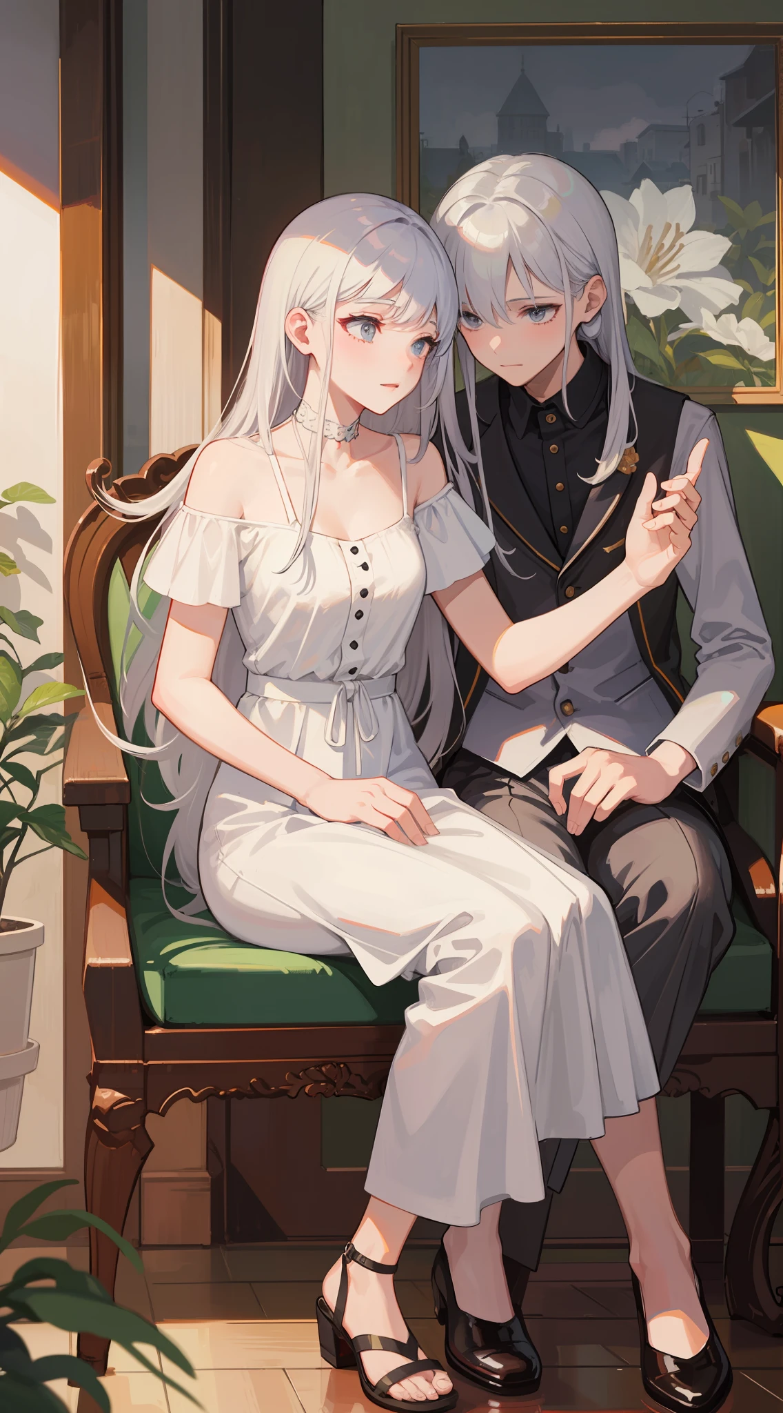 styled, masterpaintings, optimal quality, Special details, illustration, Romance, couple, Sits, handshake,Atmosphere of love,Fresh tones,Girls have long white hair,Wear it together,The boy has white hair,Wearing white casual clothes,Tuuli,florals