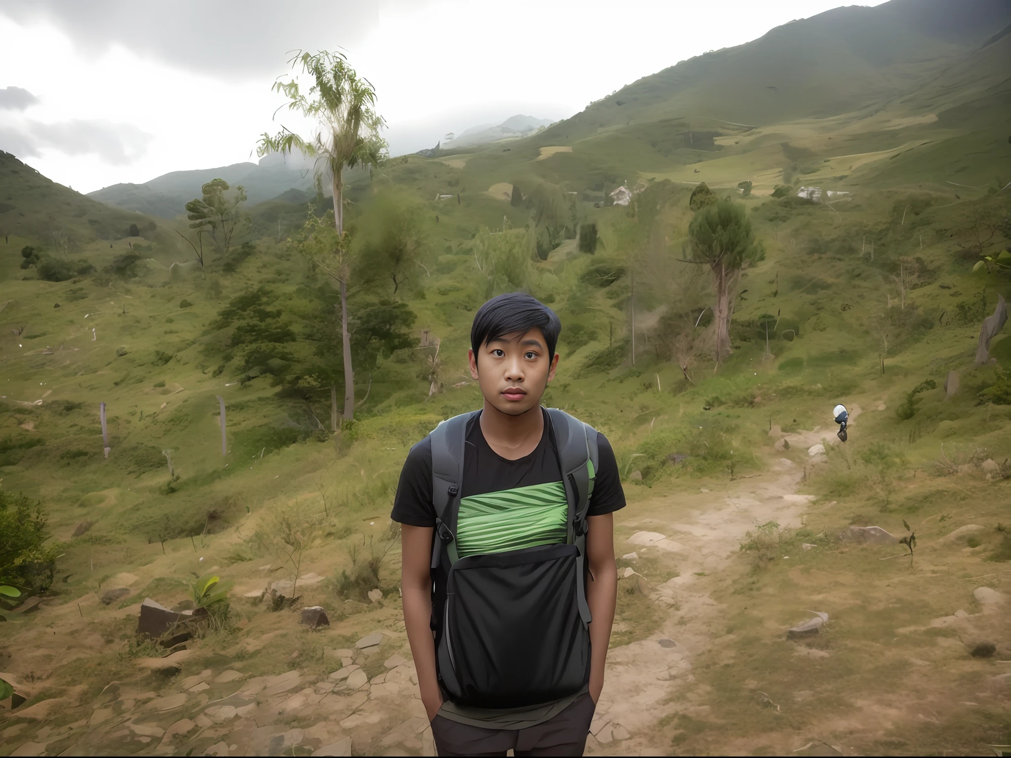 there is a man standing on a hill with a backpack, in front of a forest background, hills in the background, with mountains in the background, with mountains in background, moutain in background, amidst nature, in mountains, in jungle forest, forest in the background, in forest jungle, in jungle forest peak, jungles in the background