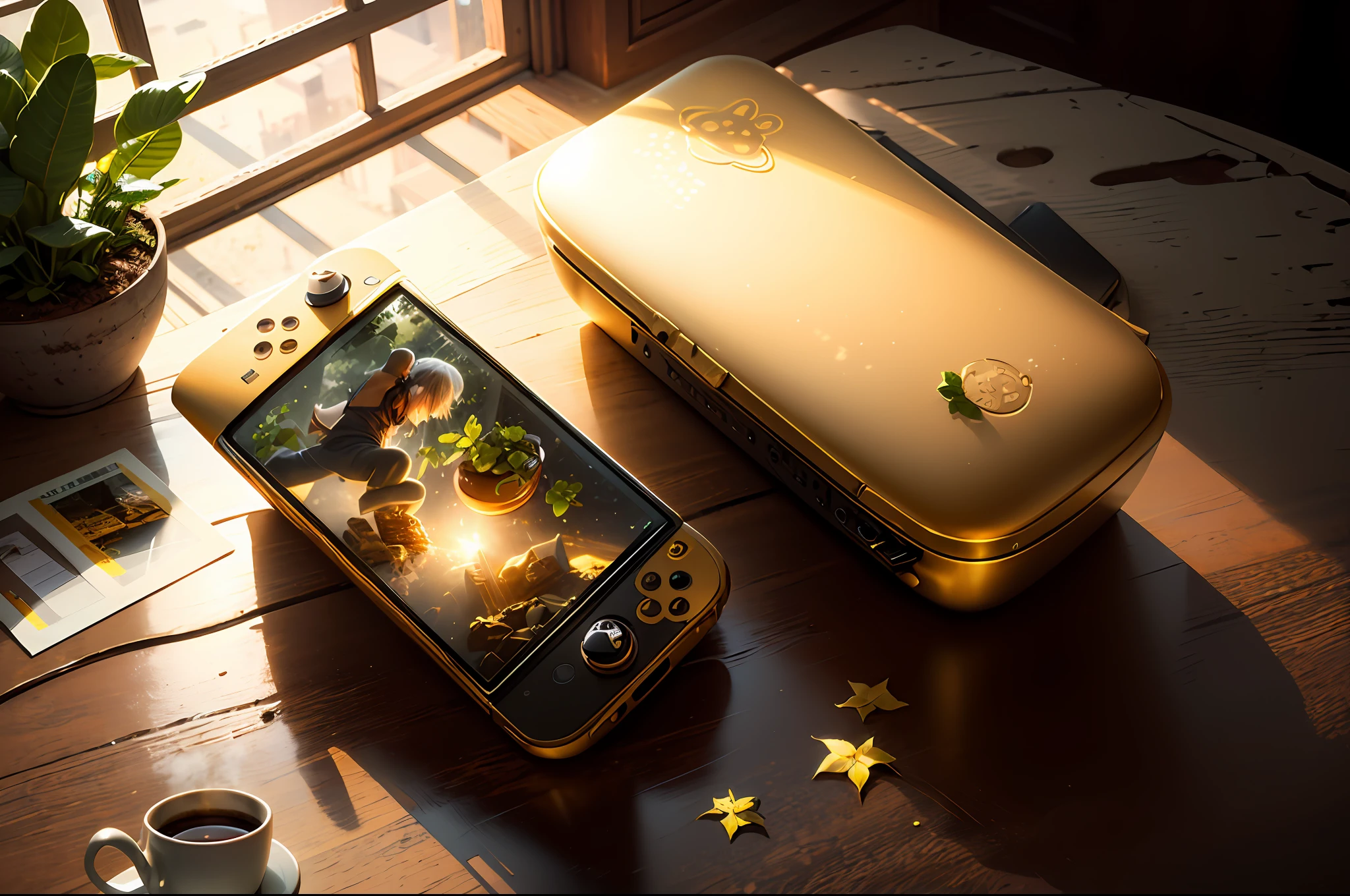 Gold laptop ，The windows flood with golden light，coffe，Greenery，tabletop