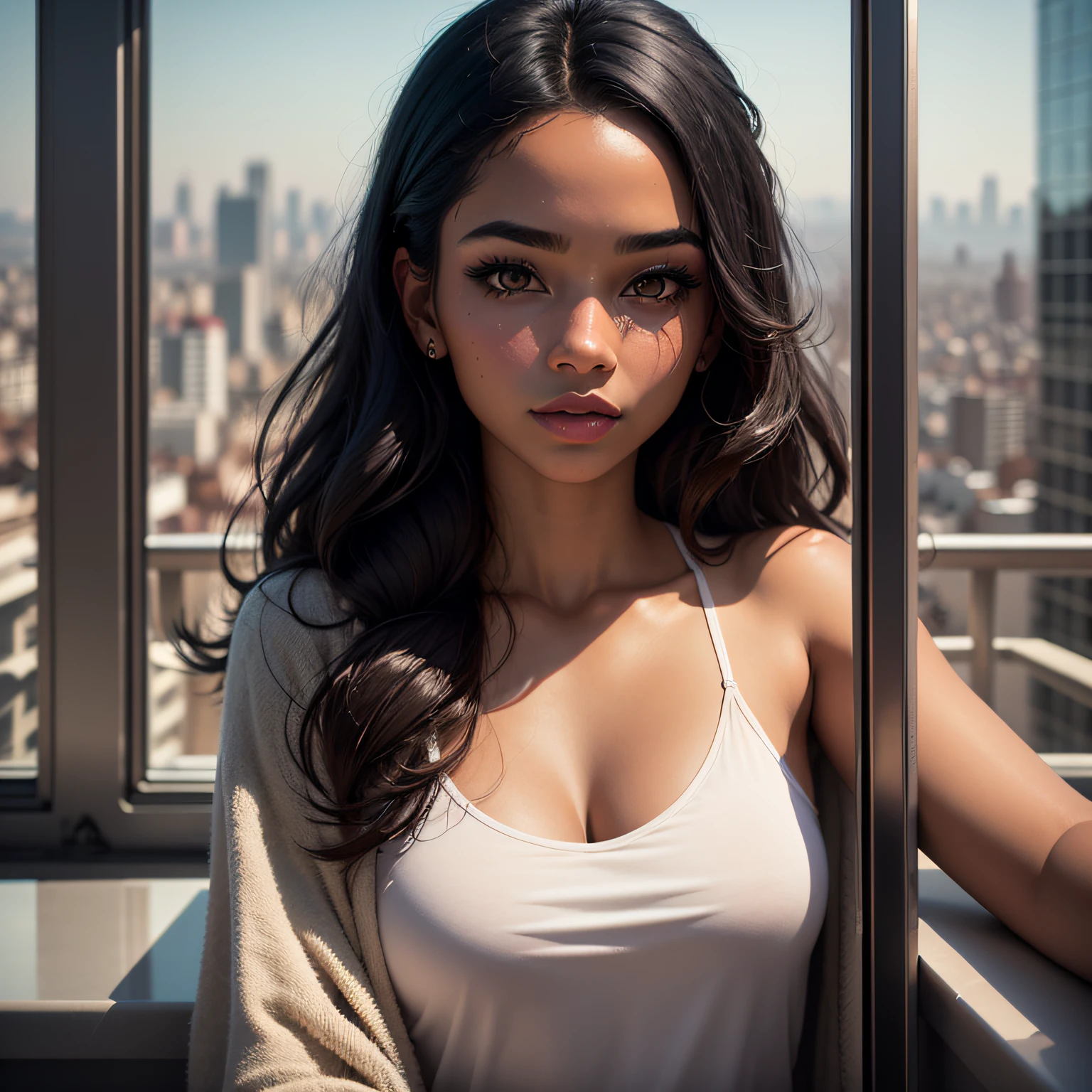 Pasagem Cidade (a young woman:1.2)| (a girl:1.1), dark skin, portrait, makeup, super detailed, modern style, city, direct look, contoured. The woman is in the right corner and has a panoramic view of the city. Focus on the city, woman is far away --auto