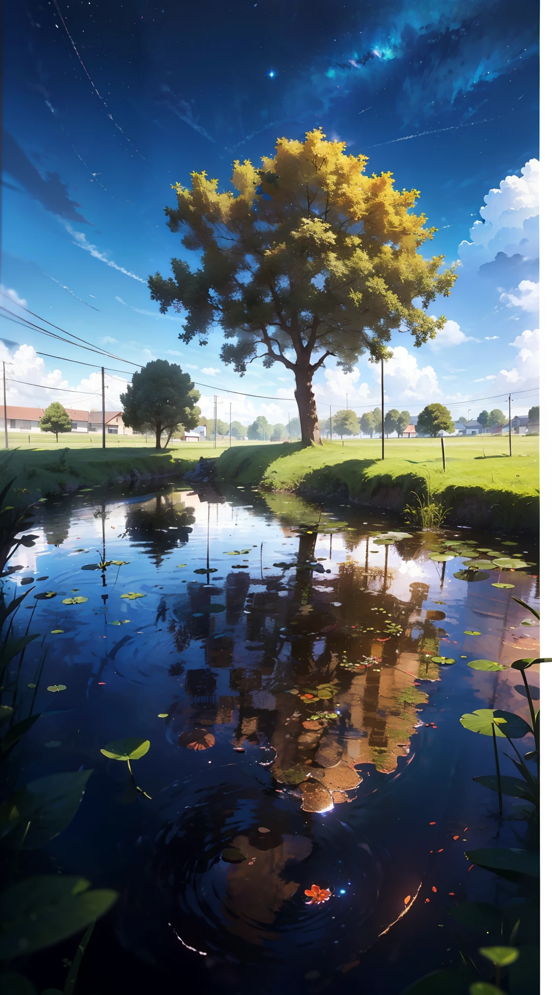 Summer, White Clouds, Runway: 1.2, Tree, Shooting Star, Small Waterhole, Reflection, Shady, Sunlight, Wide Angle, Best Quality, 8K, Perspective, Depth of Field, High Resolution, Fine Detail, Ultra Detail, Sharp Focus