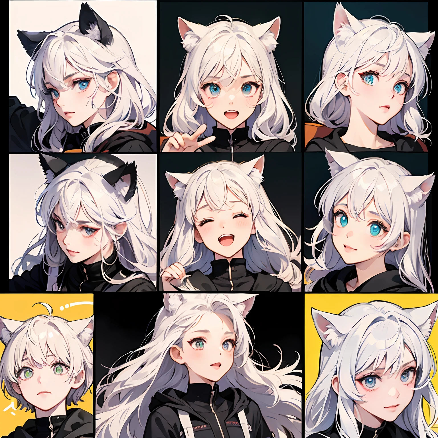 Cute girl avatar，emoji pack，whitehair，cat ear，(9 emojis，emoji sheet，Align arrangement)，9 poses and expressions（Grieving，astonishment，having fun，excitement，big laughter，Angry，doubt，Touch your head，Sell moe, wait），Anthropomorphic style，Disney style，Black strokes，Different emotions，9 poses and expressions，8K --auto