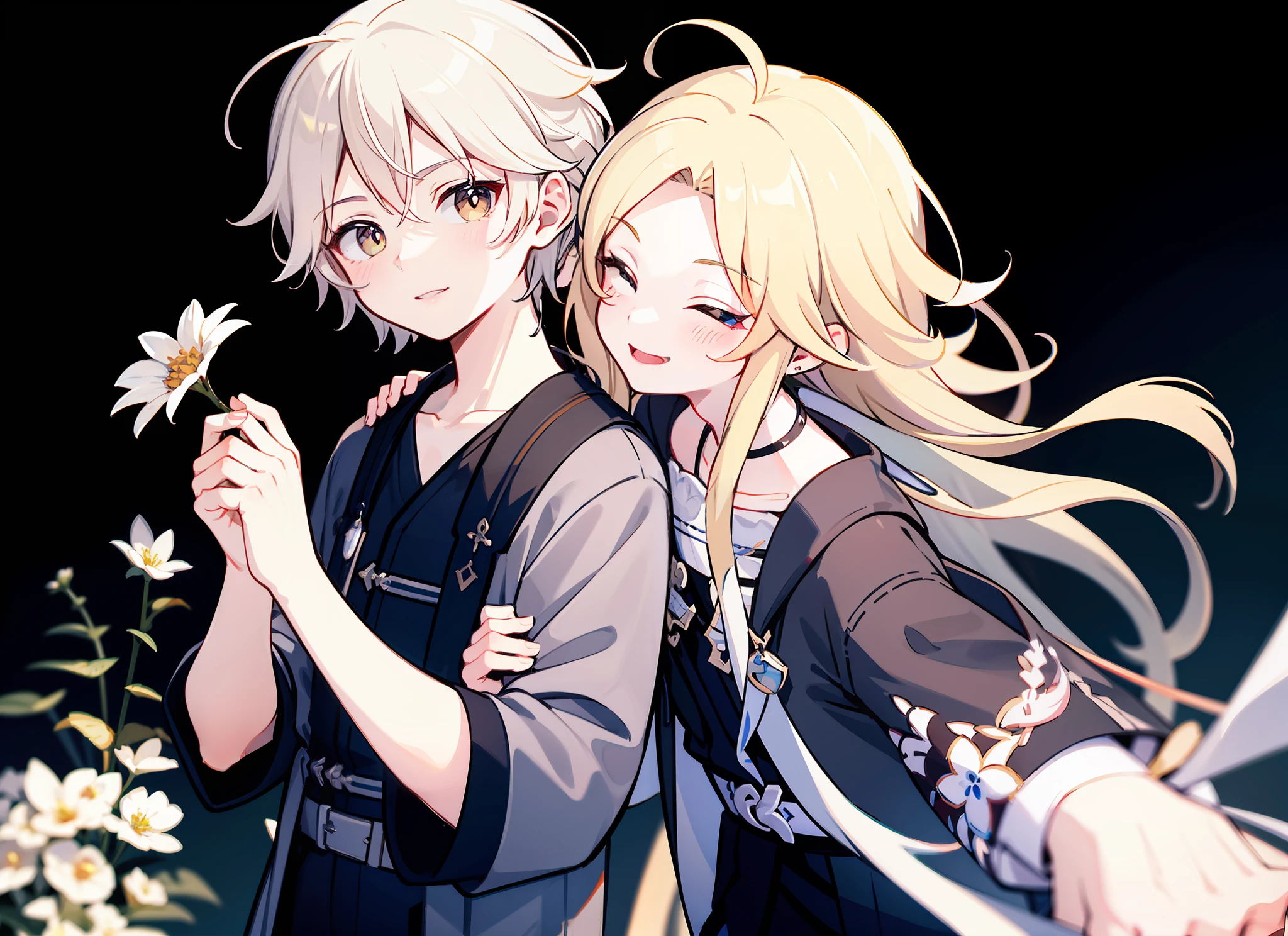 styled， masterpaintings， optimal quality， Special details， illustration，Sweet interaction，Tuuli，florals，Correct proportions，Lover holding flowers，Atmosphere of love，Fresh tones，Simple background，Girls have long white hair，The boy has short white hair，
