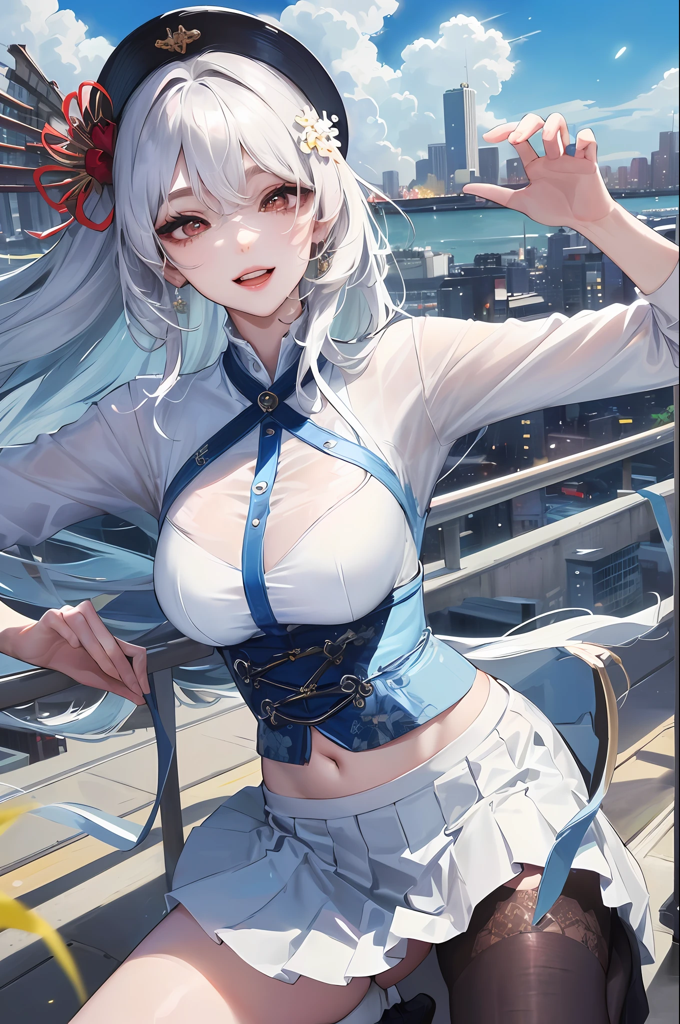 official art, masterpiece, sharp focus, (beautiful gorgeous cute Korean woman:1.3), (beautiful cute korean:1.3), korean beauty, Delicate and beautiful hair and eyes and face, realistic, ultra detailed, beautiful girl, blue sky, glow white particle, (sidelighting:1.2), sun light, white cloud, detailed clouds, slender, Lovely breasts and hips, smile with teeth, ((smile with eyes, open both eyes)), scenery, long straight hair, sexy facial expression, building, (cityscape:1.3), night, dynamic hair, long straight hair, detailed platinum black hair, glow red eyes, (blue shirts + white skirt + white long socks), pale skin, hair ornament, epic scenery,