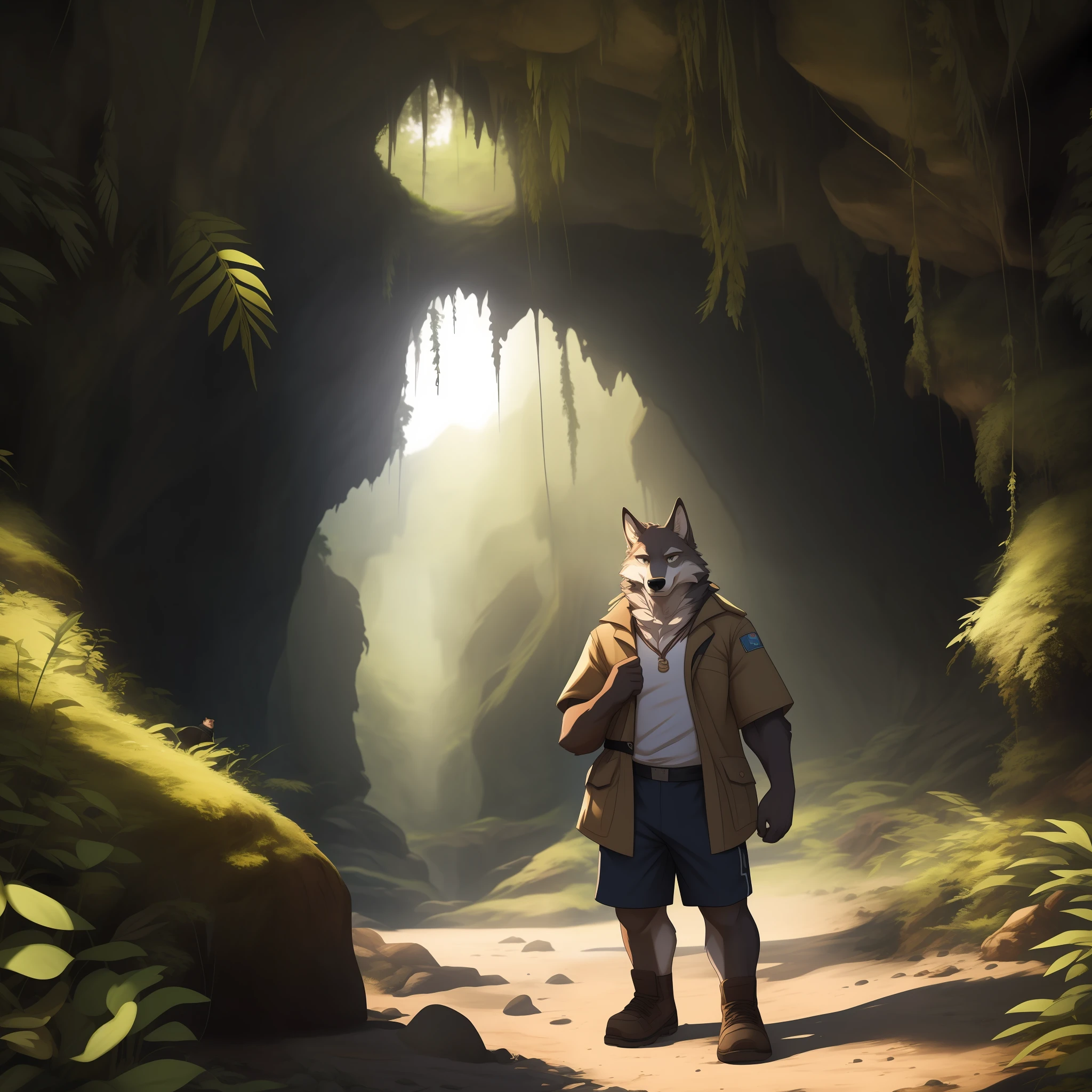 (white short sleeve, Brown coat, Grey adventure shorts,Explorer style),Someone with a camera around his neck(wolfs)On an expedition journey,The background may be dense jungle or deep in caves,photorealestic