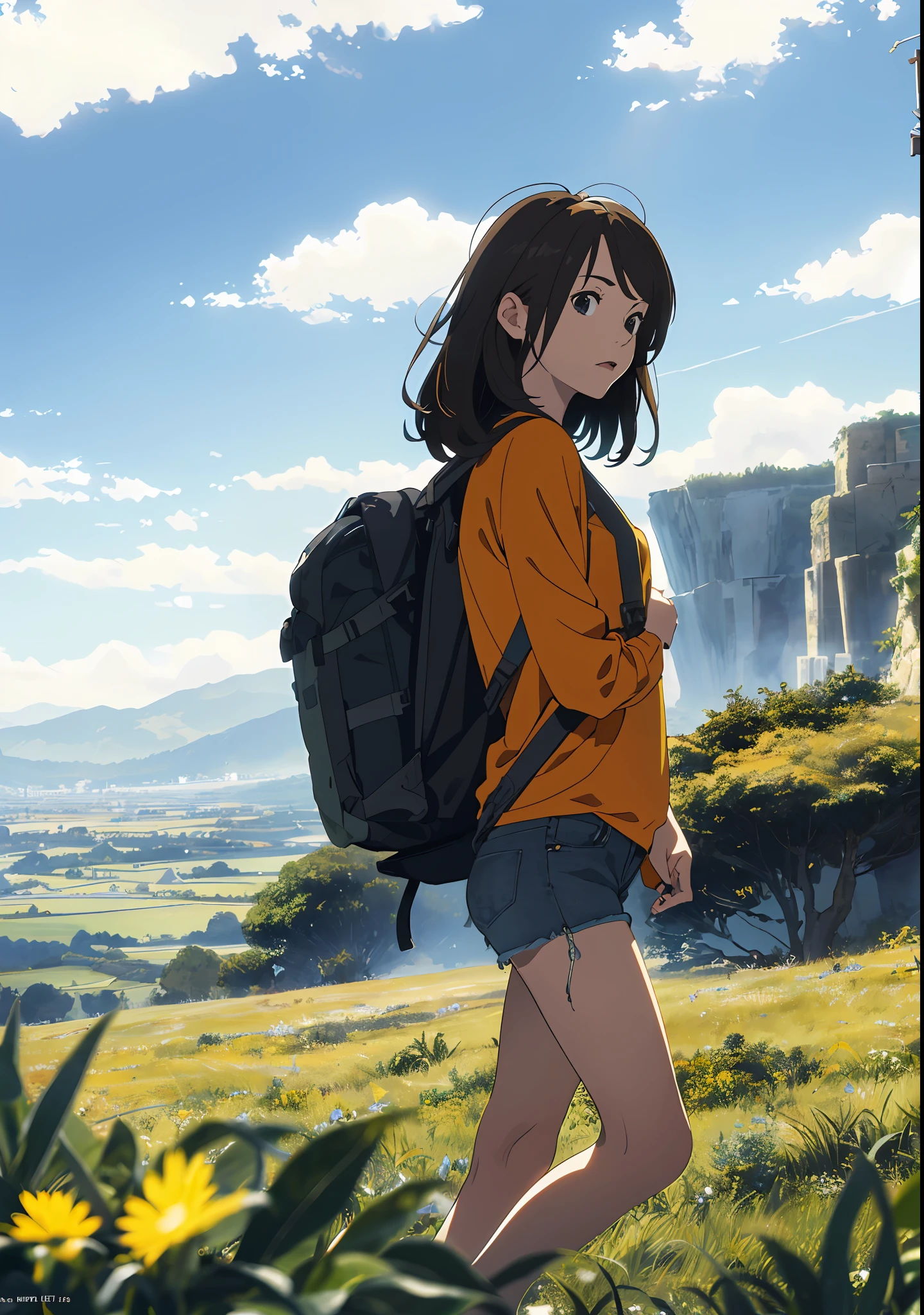 (beautiful and magnificent skyline, majestic sky), (extremely tense and dramatic pictures, moving visual effects), (high hanging Polaris, colorful natural light), (1girl), (long-sleeved top, denim shorts, carrying a backpack), (dynamic pose:1.3, black eyes, black hime-cut hair, sparkling girl)[:0.8], (large grassland), (oncoming breeze), (brown hair and background Coordination effect: 1.2), (close shot, long shot mix and match)[::0.9]