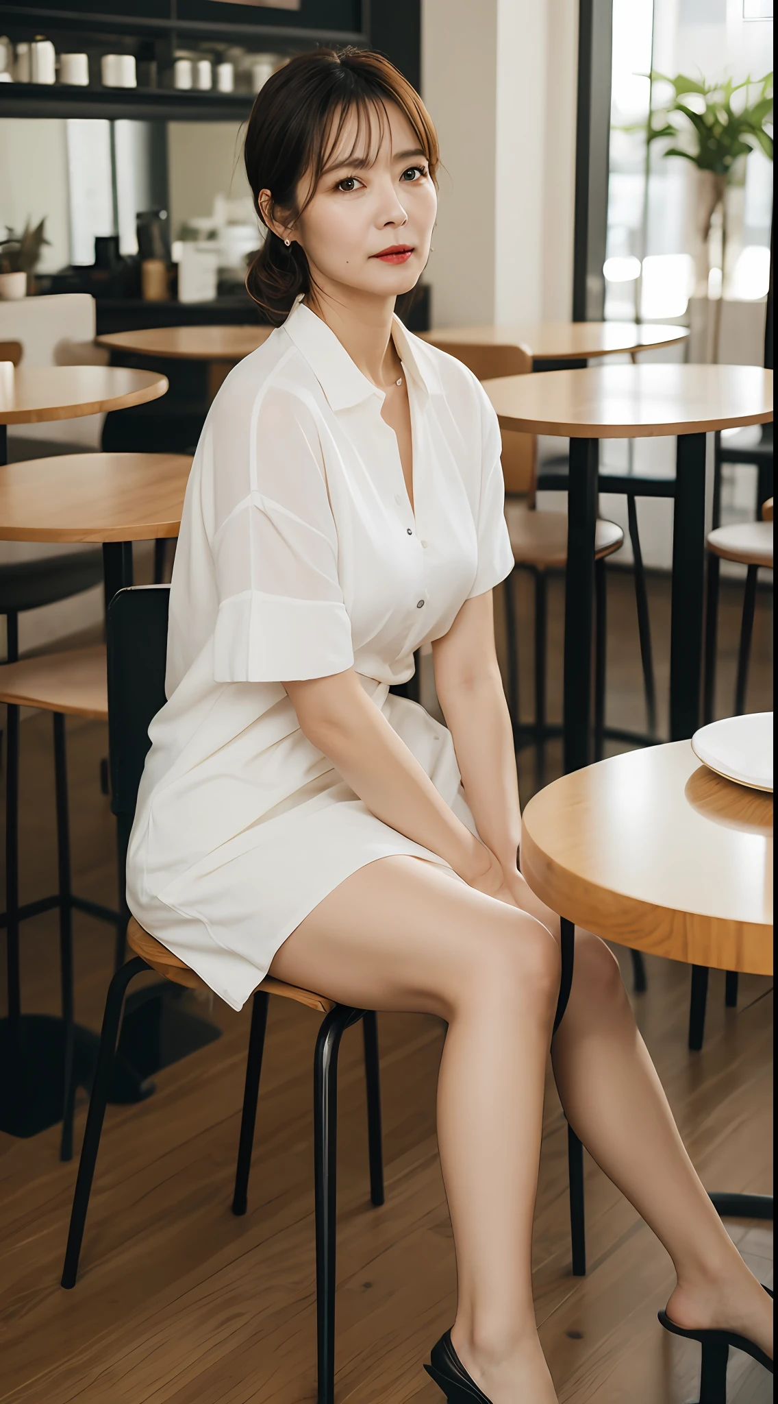 A masterpice, Top image quality, Hi-Def, 独奏, small tits, 45yo, (Wrinkles:0.2), 1人, cafes, sits on a chair, Stylish coordination,