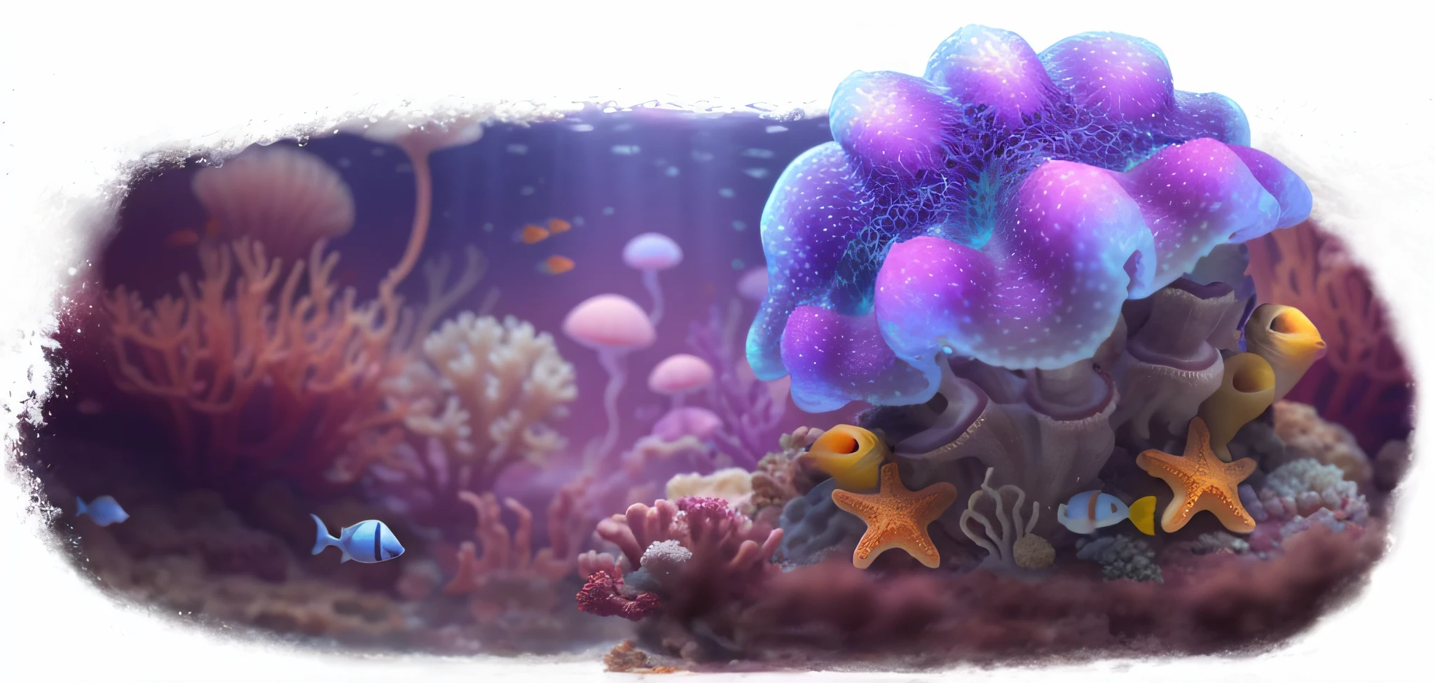 An underwater world of fantasy，purple hues，reef，Starfish floating jellyfish，Fine picture