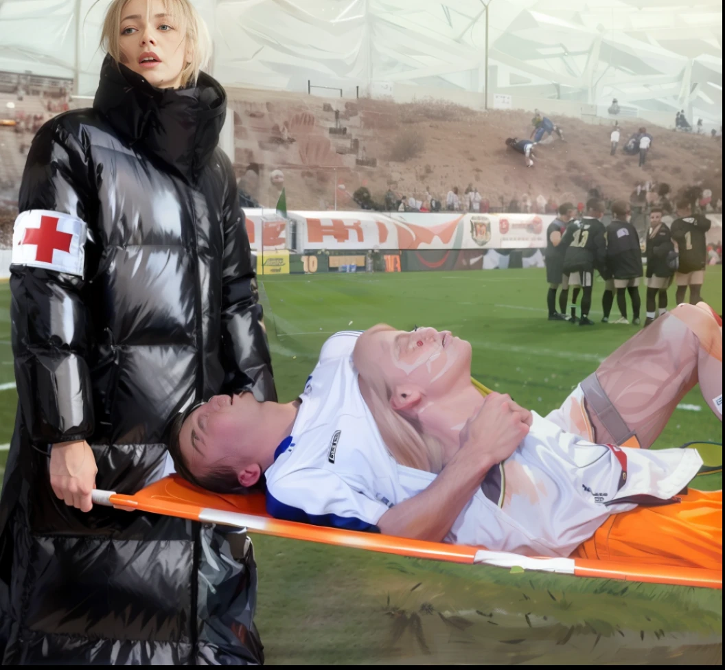 Photography of an injured sportsman on a stretcher being carried by a longhaired blond woman in a long black down coat, a young male soccer player in short sportswear is lying on his back on a stretcher and is grabbing his shin with his hands, hyperralistic, very realistic, ultrarealistic photorealistic, pgoto, photoreal, a young woman is wearing a high shine black downcoat an dis holding a stretcher inside a sports stadium, a young madeup blond woman in a high-shine padded coat is shouting out for help and has a very sad and furious expression in her face, a sportsman is lying on a stretcher and has a very painful and suffering face, a young sportsman on a stretcher with a very painful expression in his face, dramatic action pose, sports accident, injury scene, theatralic pity pose, pity pityful, pain, a sportsman is lying on a stretcher and is crying in pain, a young madeup woman in a shiny coat is carrying a man on a stretcher inside a sports stadium, sports scene, stadium