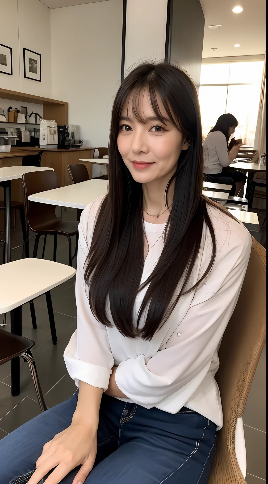 A masterpice, Top image quality, Hi-Def, 独奏, small tits, 45yo, (Wrinkles:0.2), 1人, cafes, sits on a chair, Stylish coordination,