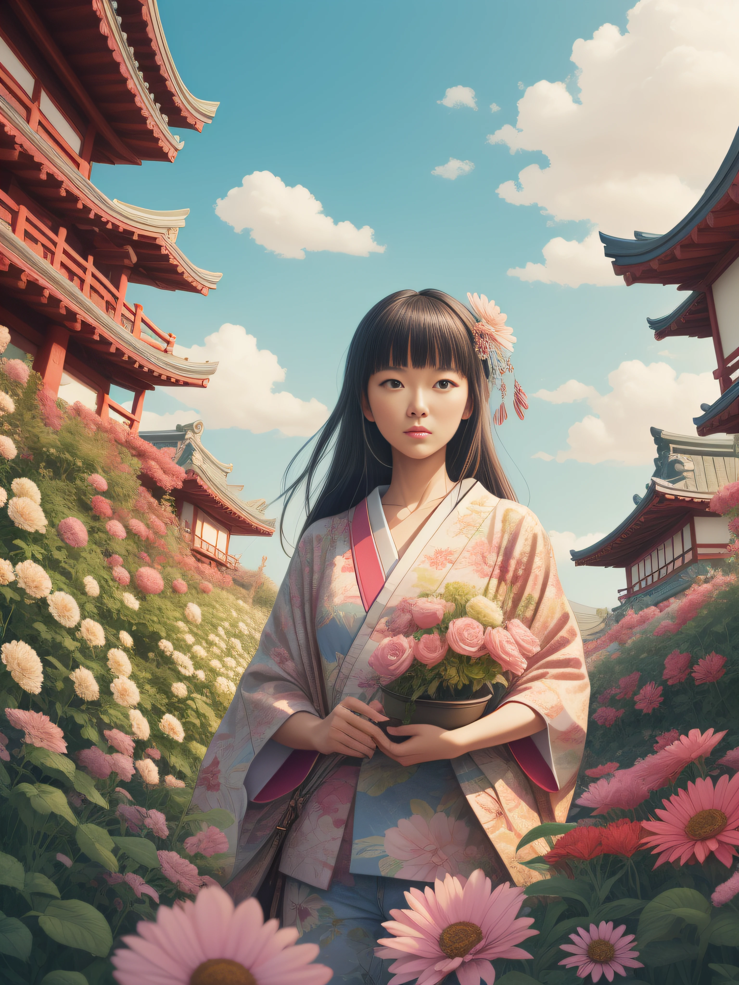 a woman, with plants around it, style of kitsch aesthetic, exotic, high-angle, pastel-colored scenes, i can't believe how beautiful this is, japanese-influenced prints, botanical abundance, naomi okubo, kris knight, flowerpunk, sky-blue and pink, jean giraud, soft pastel, organic form , ray tracing, anaglyph, pov, anatomically correct, award winning, masterpiece --ar 3:4  --style raw 50 --s 2