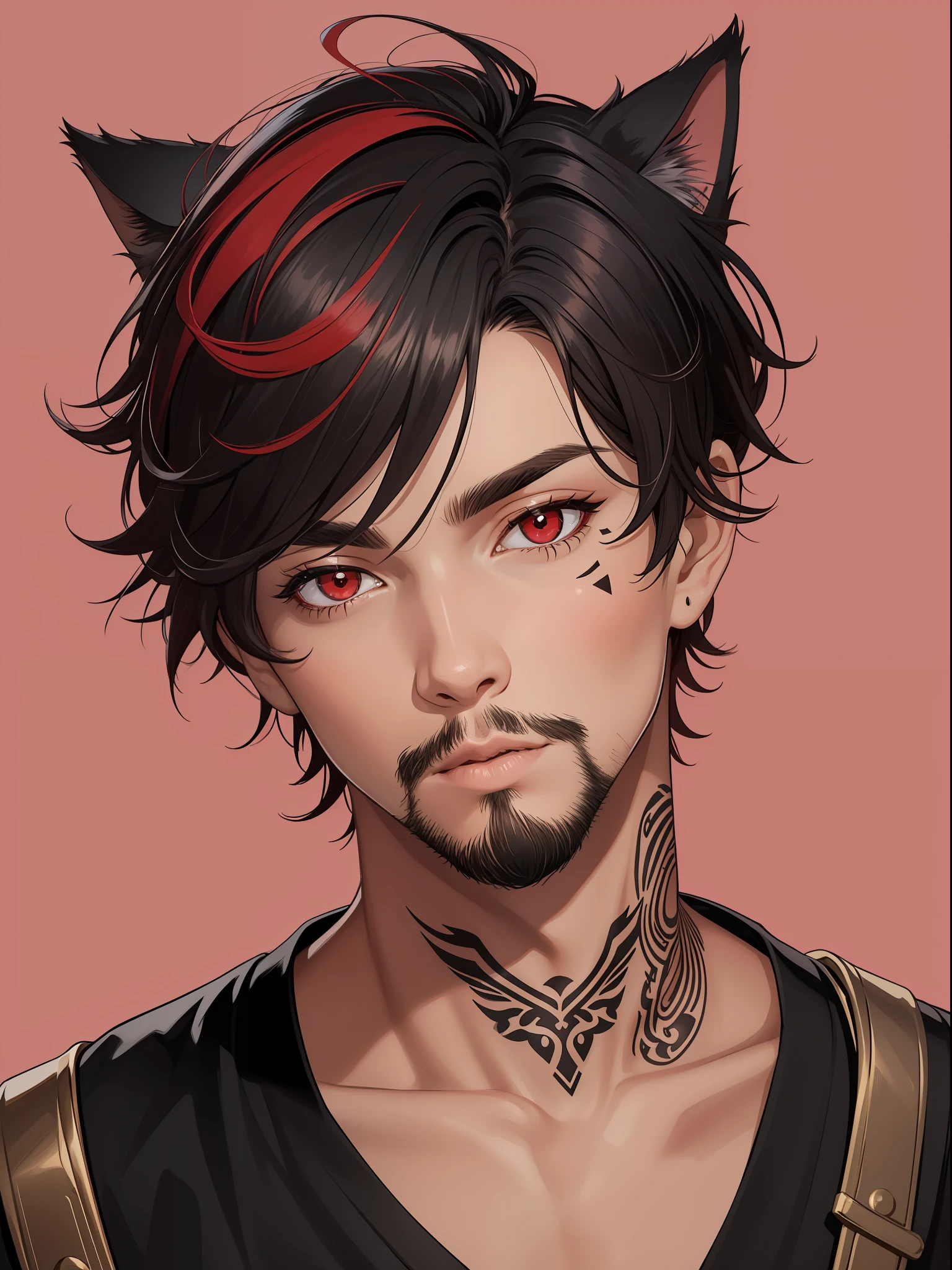 1boy, black hair, cat boy, dark skin, facial hair, facial mark, hair between eyes,lips, looking at viewer, male focus, neck tattoo, parted lips, red eyes, red hair, short hair, simple background, slit pupils, solo,