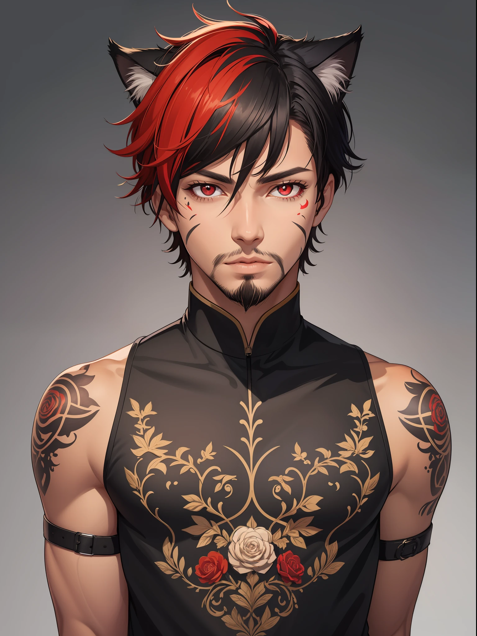 1boy, black hair, cat boy, dark skin, facial hair, facial mark, hair between eyes,lips, looking at viewer, male focus, neck tattoo, parted lips, red eyes, red hair, short hair, simple background, slit pupils, solo,