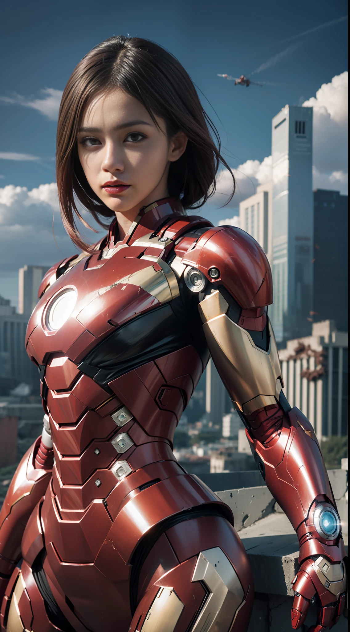 Masterpiece, best quality, female head, female version of Iron Man's body, background city ruins, sky background, battle damage