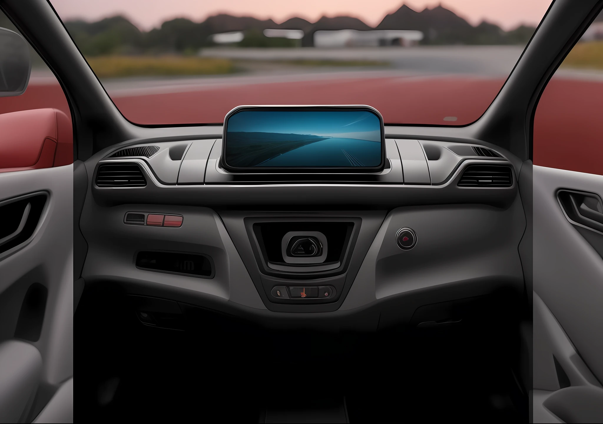 Close-up of car interior driving on the street,Close-up car dashboard with LCD screen in the middle,Shoot from behind,back-view,straight camera view,Bottom view,full-body view,back-view,the front view,wine red trim,center view,Left and right symmetry,burgundy and gray trim,Full front view,in front,photographed from behind,front shot,Bottom view,masterpaintings,the best quality,Very beautiful reflection,The best reflections,(Very detailed CG unified 8K wallpaper) ,(the best quality)(The best illustrations)(The best shadow)Themes and technical elements,Isometric 3D,octaneratingrendering,Ray tracing,superdetailed,National Bureau of Statistics,standpoint,photo realistic,OriginalPhoto, 8K UHD, High quality, filmgrain, Fujifilm XT3