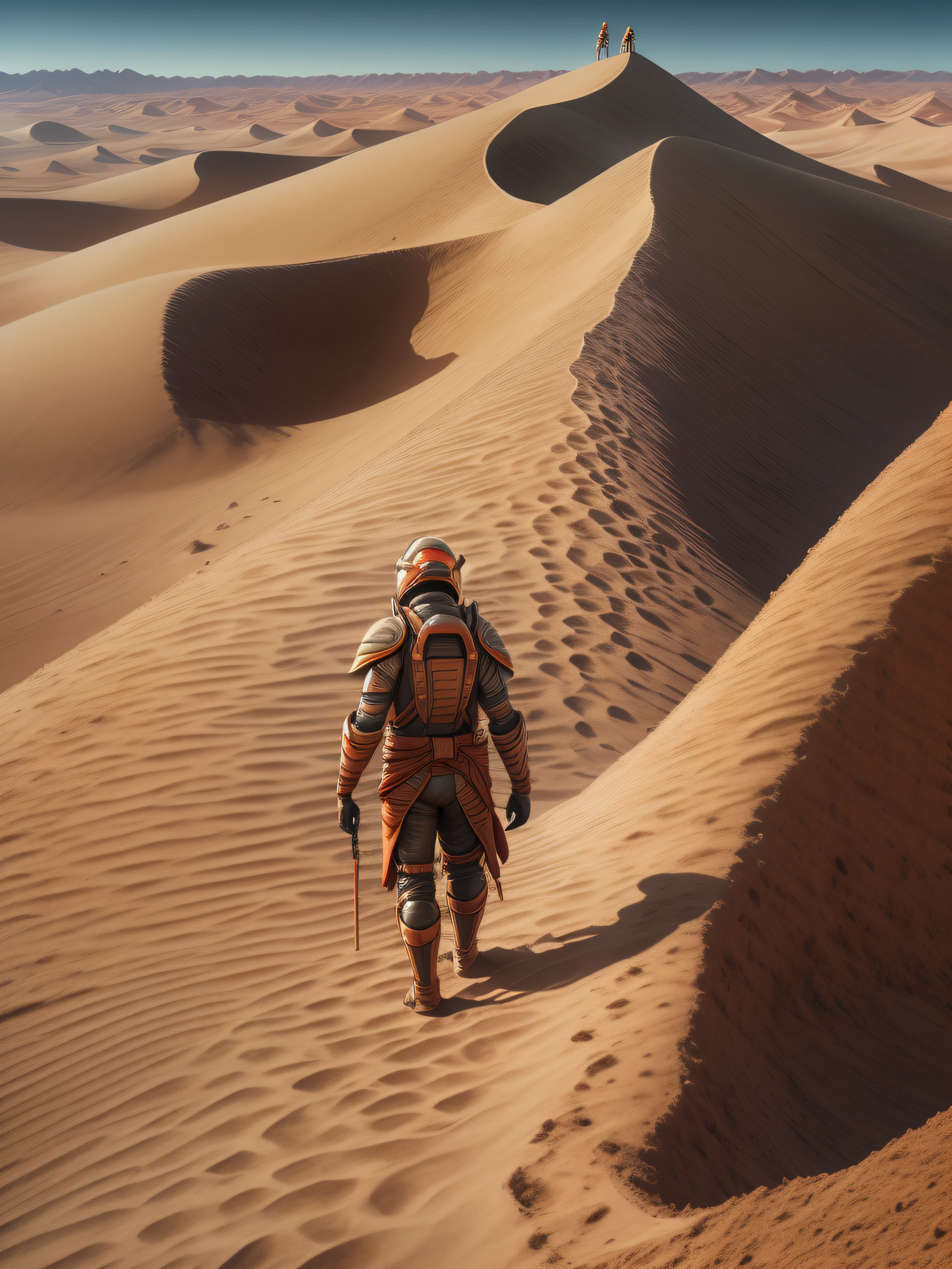 A lone figure stands，sprawling dune of crimson，Martian sand under，sky dotted,Stanislaw Szukalski, Moebius, peter elson, Alex prager, --ar 4:5 --style raw, ray tracing, anaglyph, pov, anatomically correct, award winning