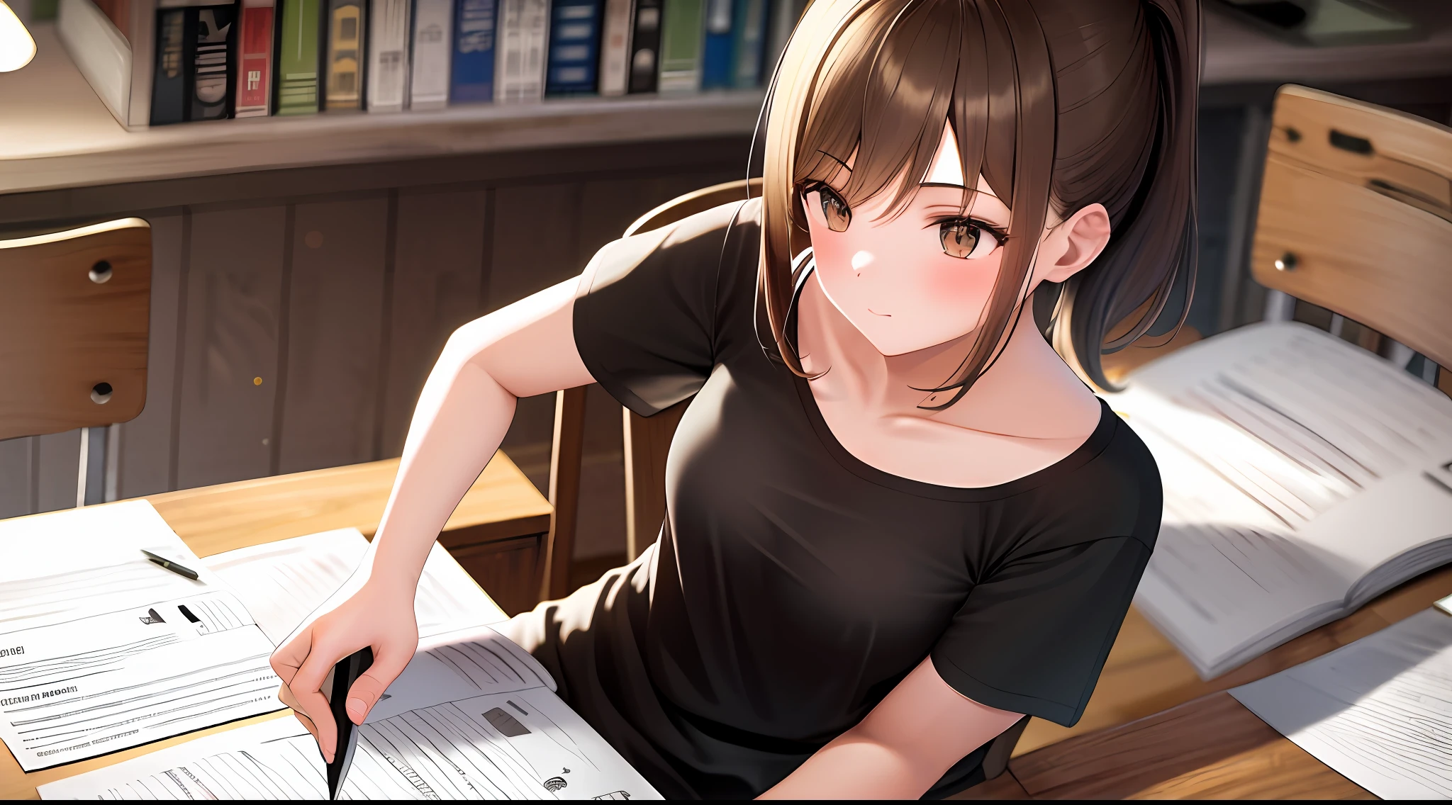masterpiece, best quality, high resolution, one girl, loose t-shirt, girl sitting on chair studying drafting at desk, horizontal angle, studying, paperwork, brown hair, good luck studying, drafting, ponytail