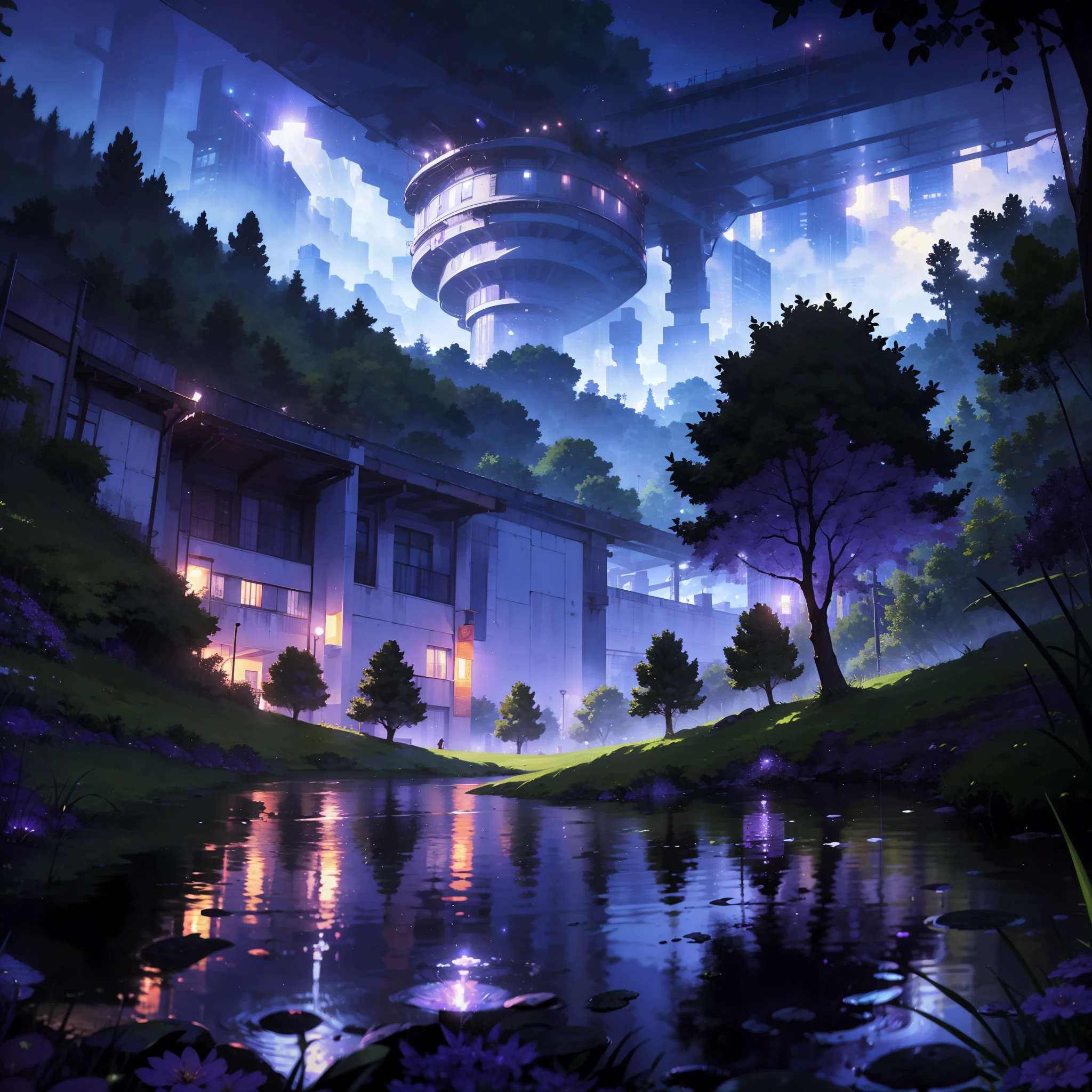 Summer, White Clouds, Runway: 1.2, Tree, Shooting Star, Small Waterhole, Reflection, Shady, Sunlight, Wide Angle, Best Quality, 8K, Perspective, Depth of Field, High Resolution, Fine Detail, Ultra Detail, Sharp Focus, ((purple)), ((purple)), ((purple)), ((purple)), ((purple)), ((purple)), ((purple)), ((purple)), ((purple)), ((purple)), ((purple))
