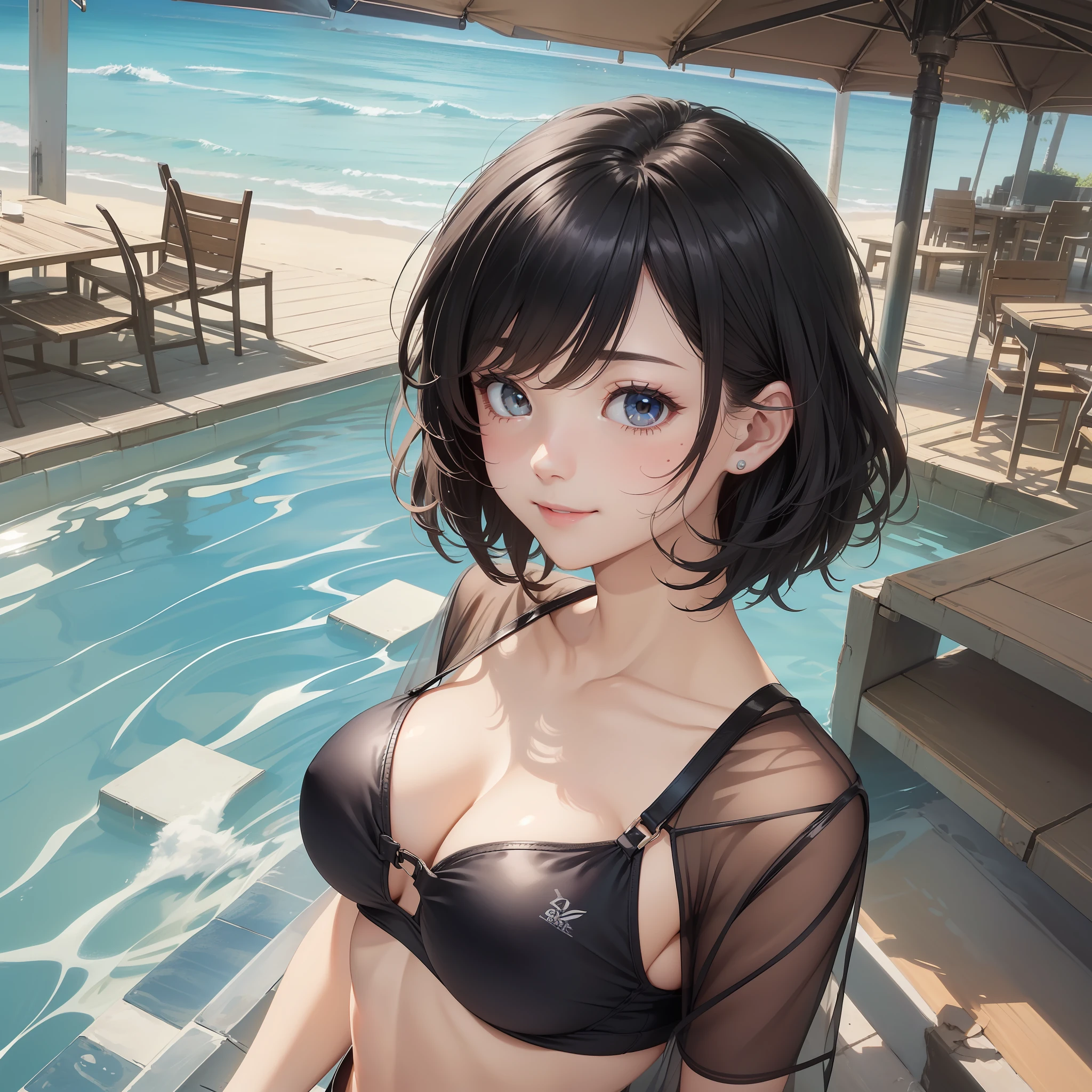 ((beste-Quality、8K、A masterpice:1.3))、1girl in、Slim abs beauty:1.3、(Hairstyle Casual、large tits:1.2)、Super fine face、Delicate eys、双眼皮、a smile、plein-air、Swimming Club、suntanned、Sunburn marks、black hair short cut、goggles