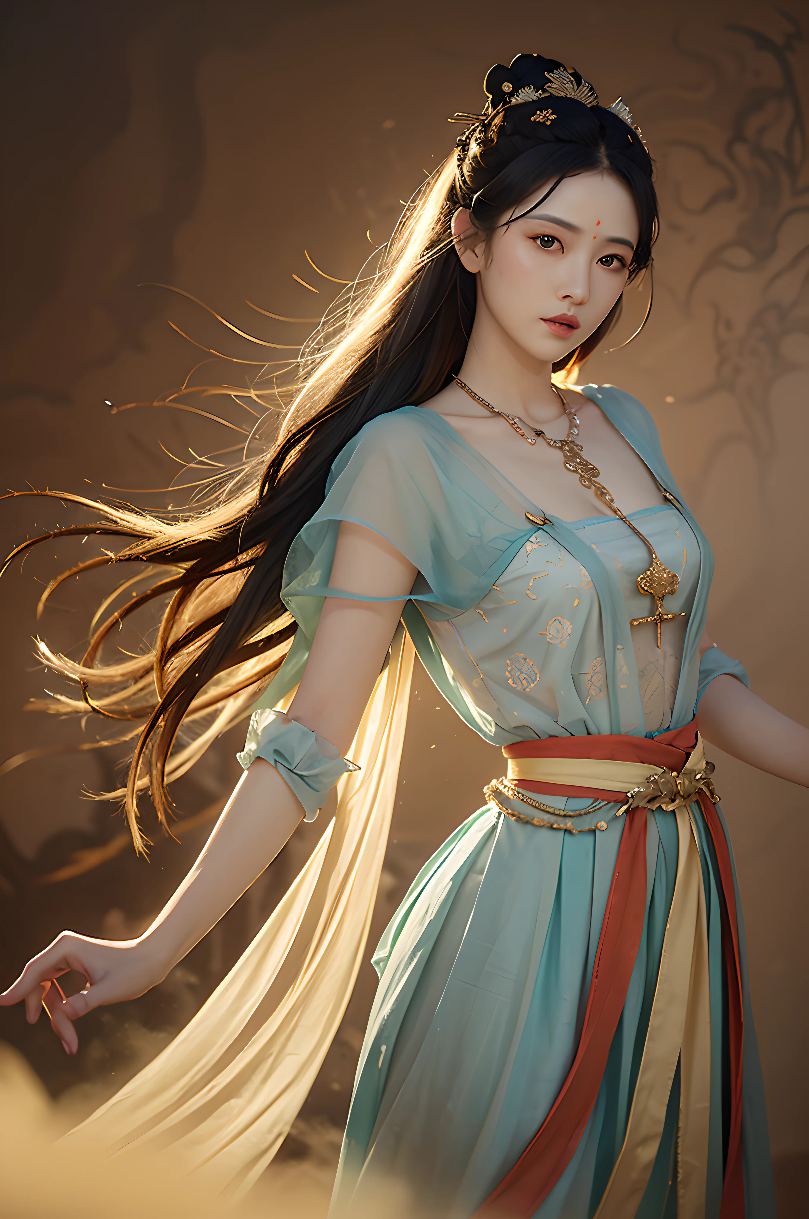 1girl, Dunhuang Flying Apsaras costume, messy long hair, Ji Jian, Dunhuang style, a lot of smoke, superb, elegant colors, (realistic, high detail, masterpiece, super detailed, dynamic angle, mural background, ink wash, amazing, movie lighting, illustration, chiaroscuro, backlighting, god rays, holland, best quality, best quality