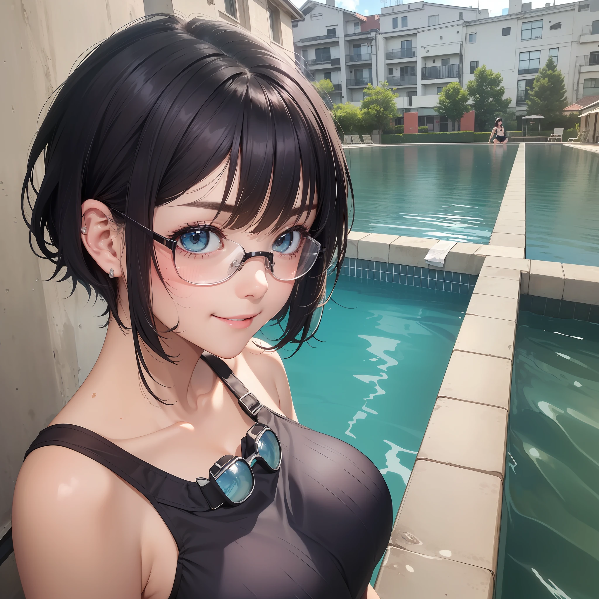((beste-Quality、8K、A masterpice:1.3))、1girl in、Slim abs beauty:1.3、(Hairstyle Casual、large tits:1.2)、Super fine face、Delicate eys、双眼皮、a smile、plein-air、Swimming Club、suntanned、Sunburn marks、black hair short cut、goggles
